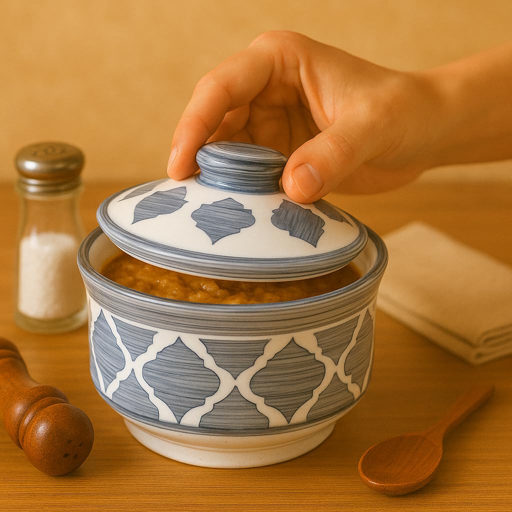 Kunhar Multipurpose Ceramic Donga – Grey Star | 450 ML Lidded Serving Donga | Microwave & Dishwasher Safe | Ideal for Gravy, Dal, Curry & More - Image 2