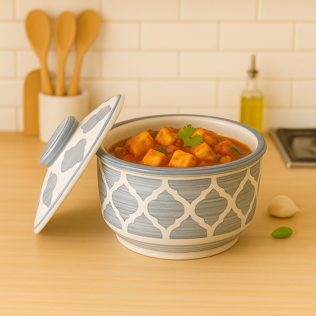 Kunhar Multipurpose Ceramic Donga – Grey Star | 450 ML Lidded Serving Donga | Microwave & Dishwasher Safe | Ideal for Gravy, Dal, Curry & More - Image 3