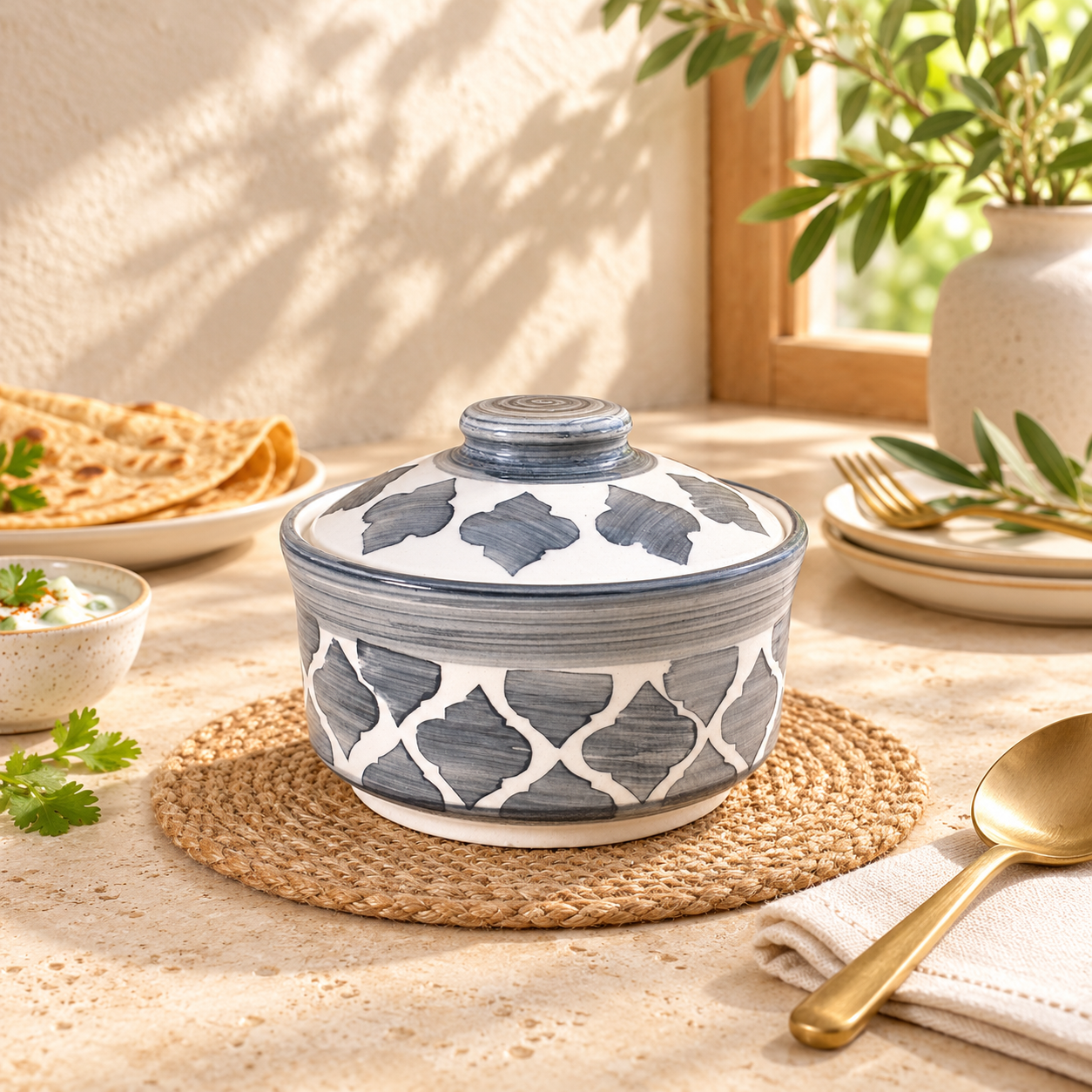 Kunhar Multipurpose Ceramic Donga – Grey Star | 450 ML Lidded Serving Donga | Microwave & Dishwasher Safe | Ideal for Gravy, Dal, Curry & More