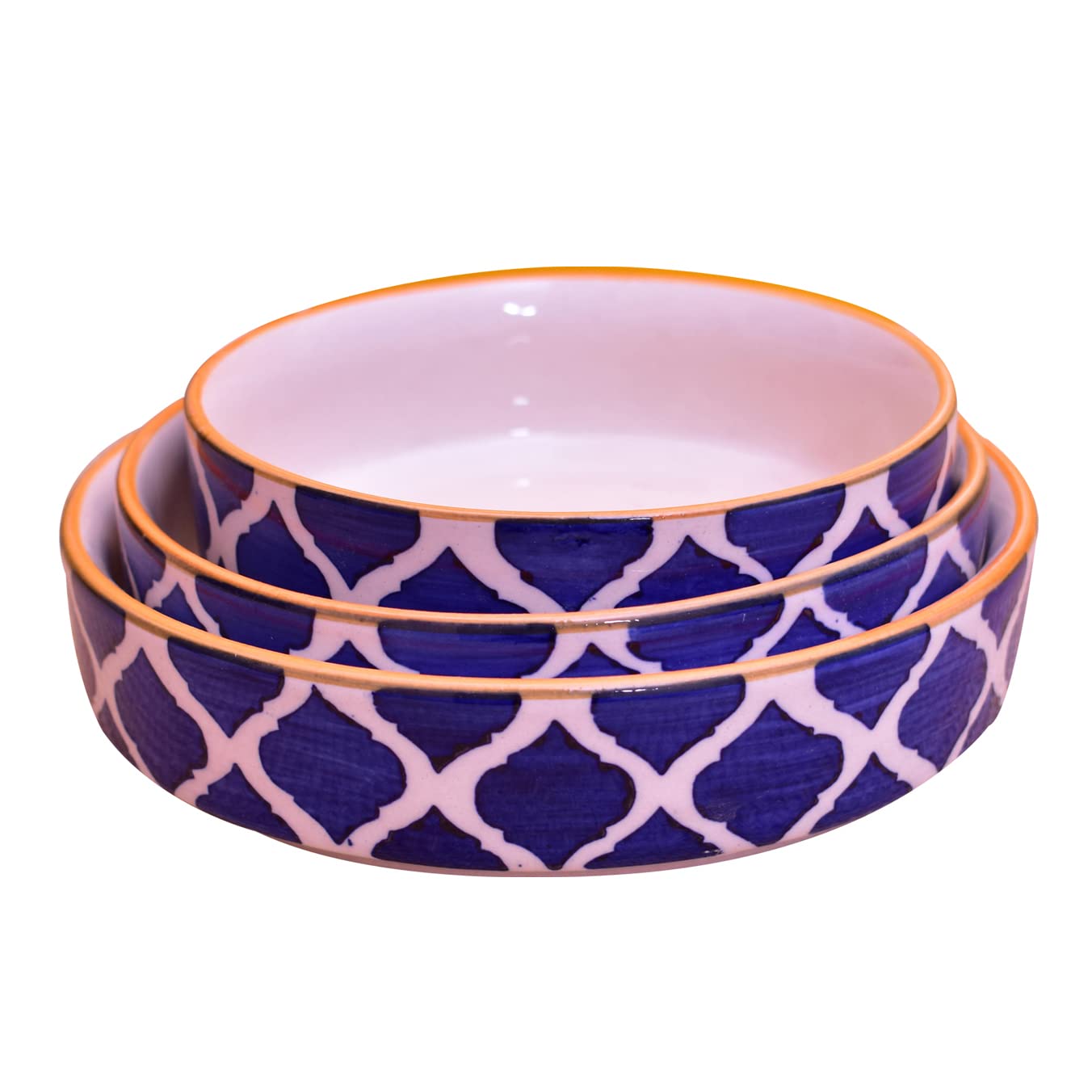 Kunhar Ceramic Bowls Set for Snacks Ceramic Serving Bowl Set for Dinner, Mughal Painting Ceramic Bowl - 650 ML, 550 ML and 400 ML, 3 Pieces, Blue — product view 1