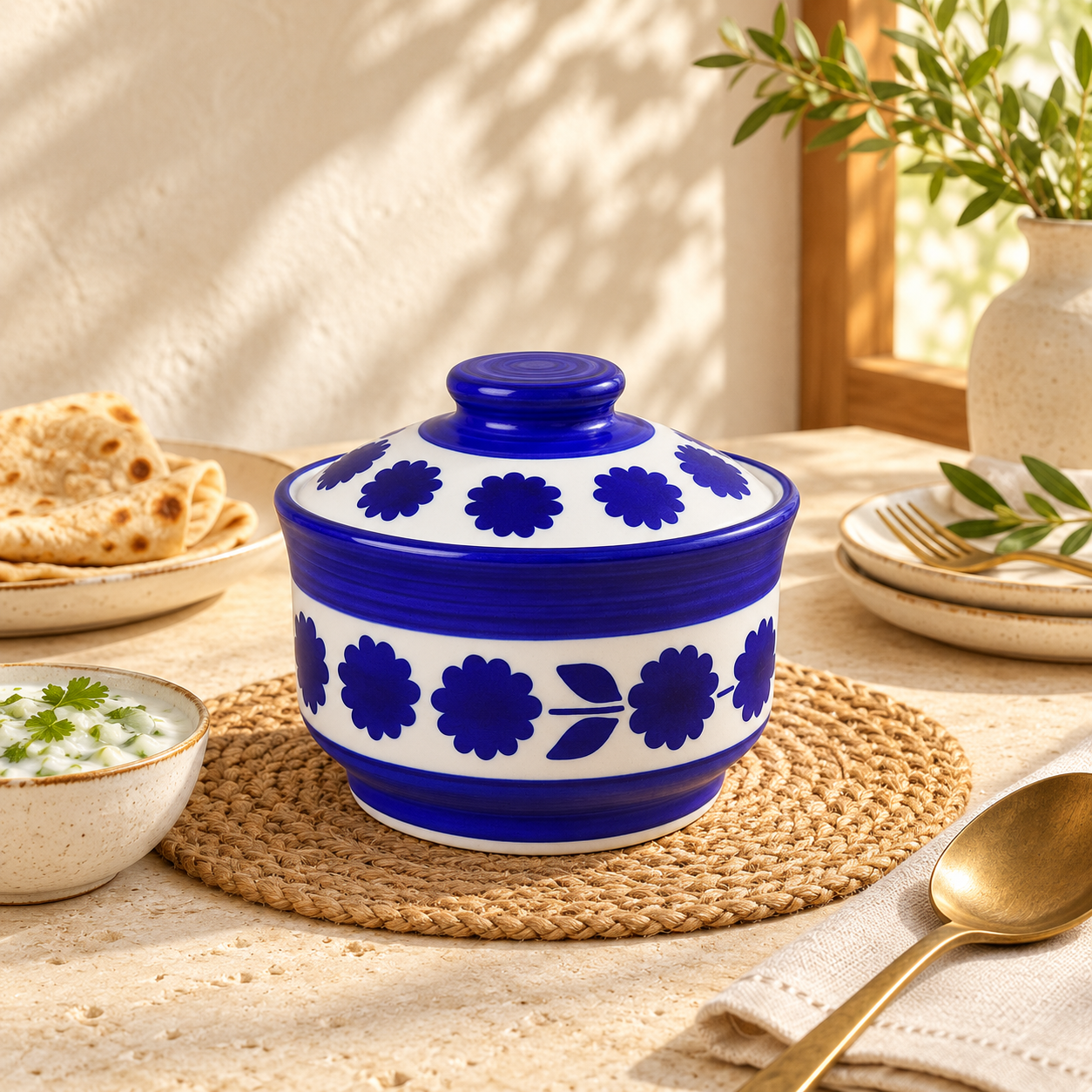 Kunhar Multipurpose Ceramic Donga Dark Indigo 450 ML Lidded Serving Bowl Microwave Safe Dishwasher Safe Gravy Dal Curry Use