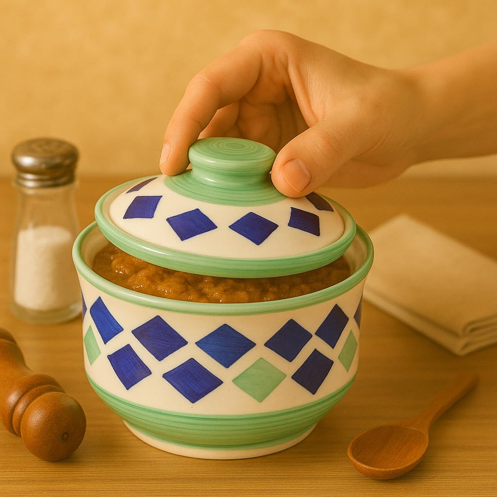 Kunhar Multipurpose Ceramic Donga – Green White | 450 ML Lidded Serving Donga | Microwave & Dishwasher Safe | Ideal for Gravy, Dal, Curry & More - Image 2