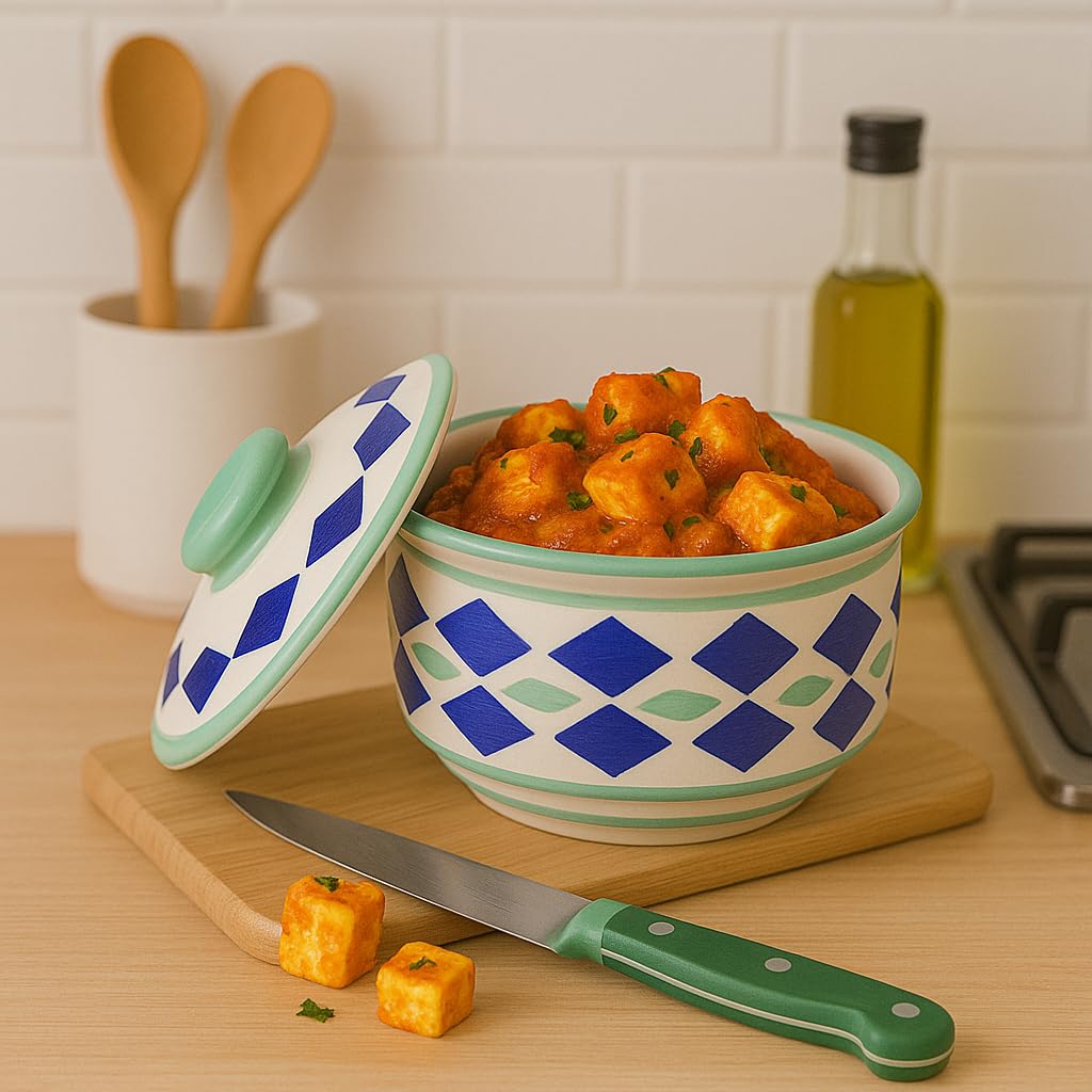 Kunhar Multipurpose Ceramic Donga – Green White | 450 ML Lidded Serving Donga | Microwave & Dishwasher Safe | Ideal for Gravy, Dal, Curry & More - Image 3