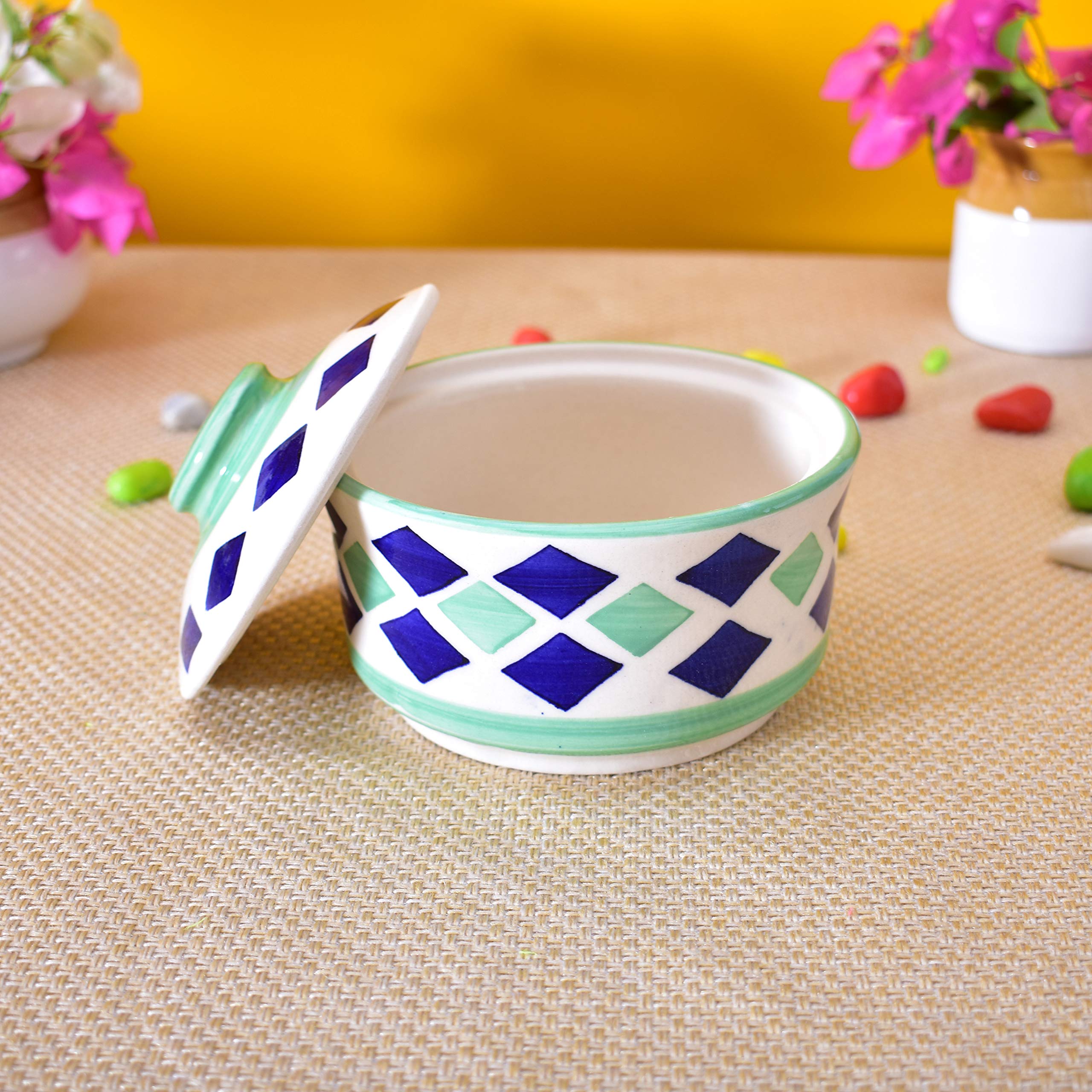 Kunhar Multipurpose Ceramic Donga – Green White | 450 ML Lidded Serving Donga | Microwave & Dishwasher Safe | Ideal for Gravy, Dal, Curry & More - Image 5