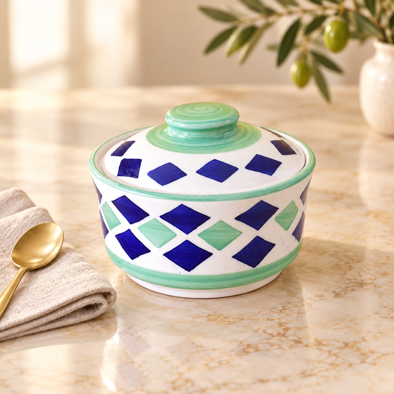 Kunhar Ceramic Lidded Serving Donga, 450 ml, White with Mint Green and Cobalt Blue Diamond Pattern