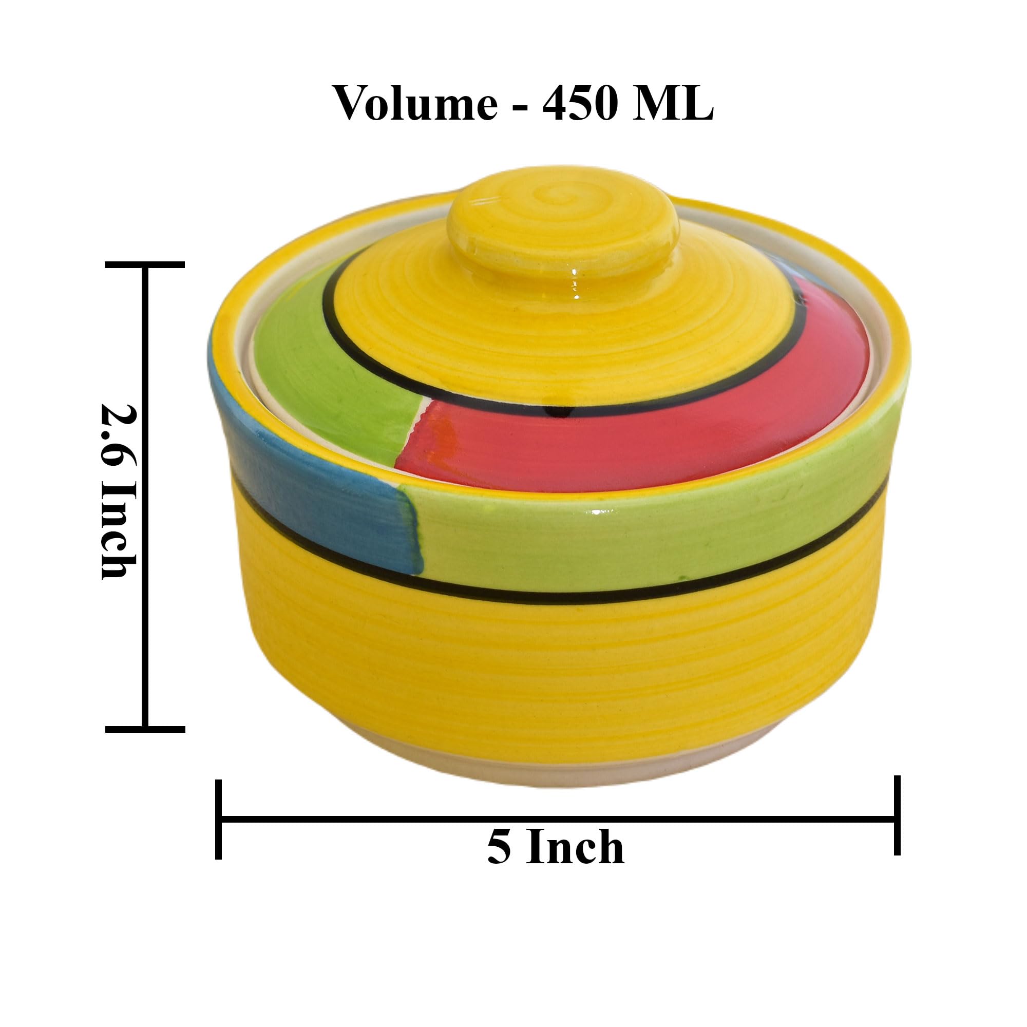 Kunhar Multipurpose Ceramic Donga – Yellow Red | 450 ML Lidded Serving Donga | Microwave & Dishwasher Safe | Ideal for Gravy, Dal, Curry & More - Image 2