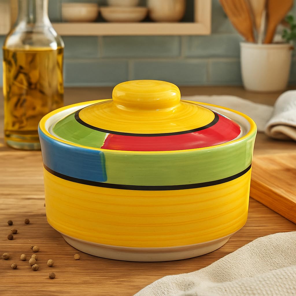 Kunhar Multipurpose Ceramic Donga – Yellow Red | 450 ML Lidded Serving Donga | Microwave & Dishwasher Safe | Ideal for Gravy, Dal, Curry & More - Image 3
