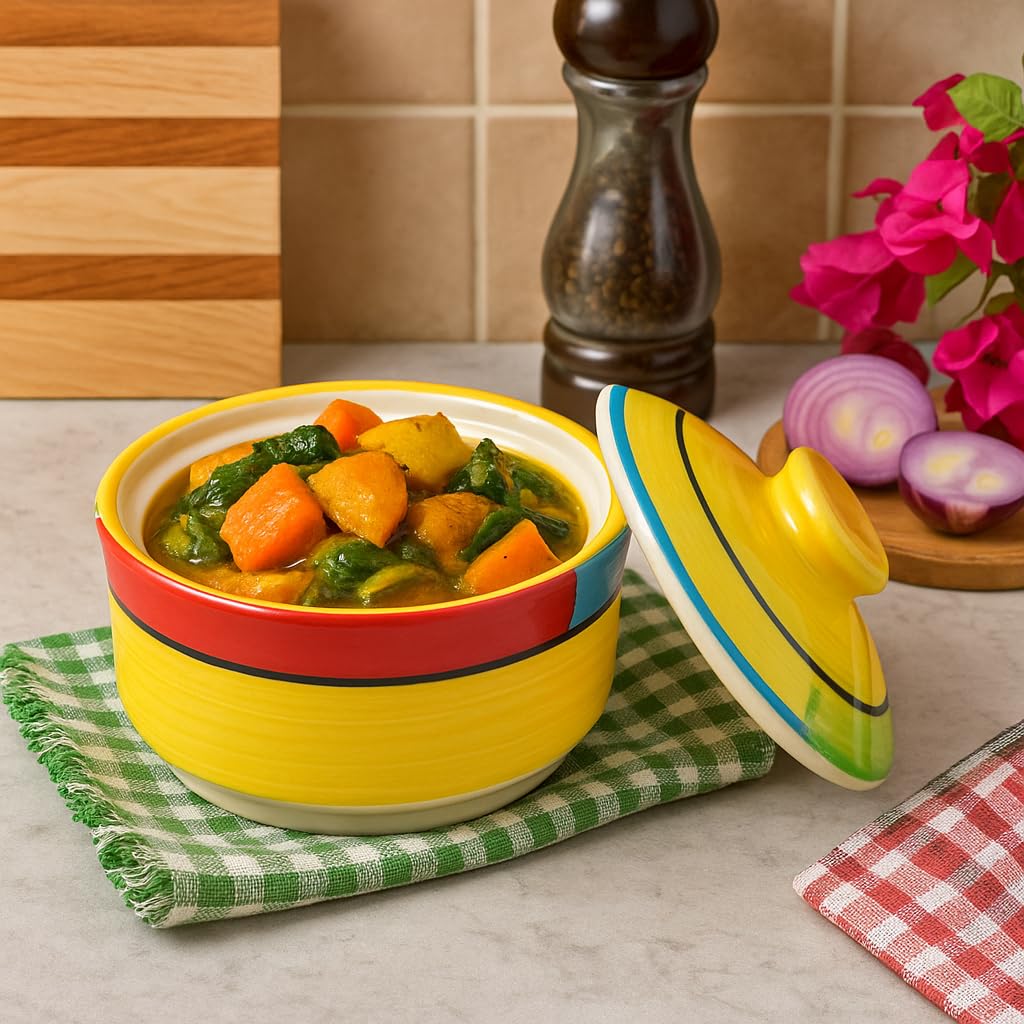 Kunhar Multipurpose Ceramic Donga – Yellow Red | 450 ML Lidded Serving Donga | Microwave & Dishwasher Safe | Ideal for Gravy, Dal, Curry & More - Image 4
