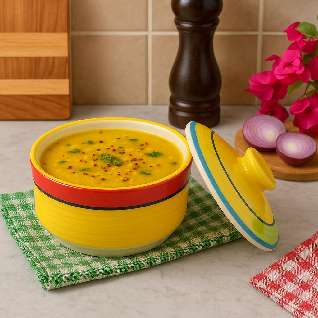 Kunhar Multipurpose Ceramic Donga – Yellow Red | 450 ML Lidded Serving Donga | Microwave & Dishwasher Safe | Ideal for Gravy, Dal, Curry & More - Image 5