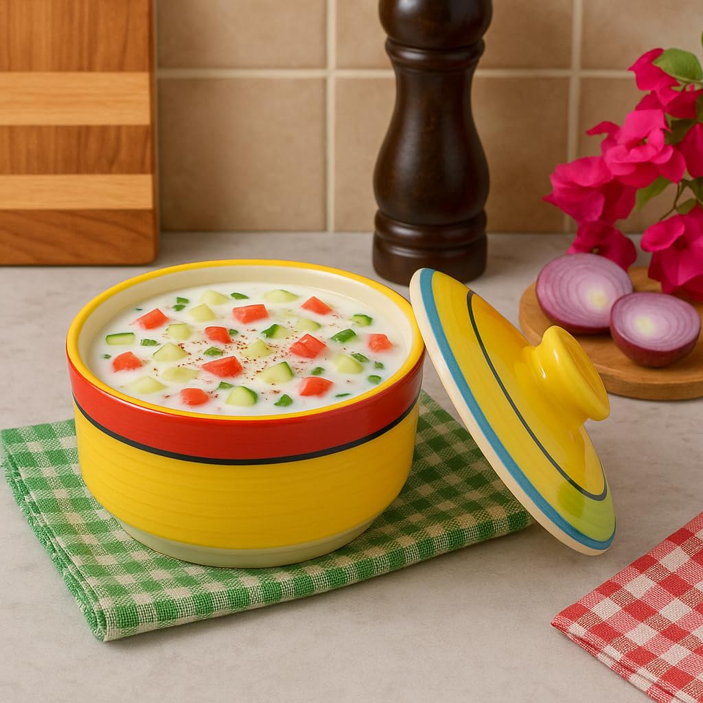 Kunhar Multipurpose Ceramic Donga – Yellow Red | 450 ML Lidded Serving Donga | Microwave & Dishwasher Safe | Ideal for Gravy, Dal, Curry & More - Image 6