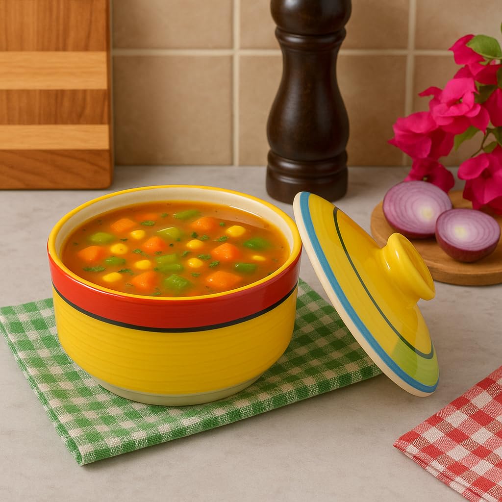 Kunhar Multipurpose Ceramic Donga – Yellow Red | 450 ML Lidded Serving Donga | Microwave & Dishwasher Safe | Ideal for Gravy, Dal, Curry & More - Image 7