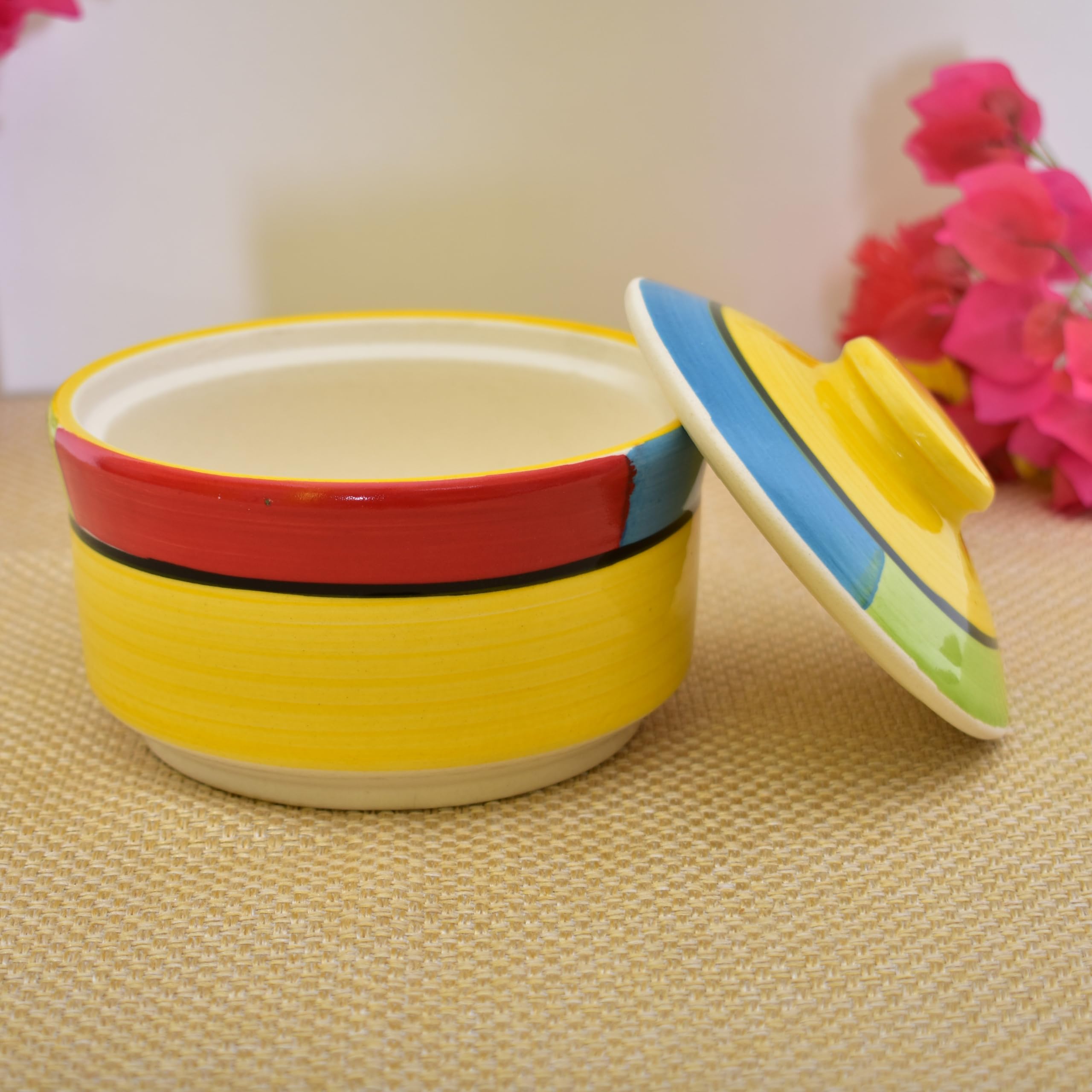 Kunhar Multipurpose Ceramic Donga – Yellow Red | 450 ML Lidded Serving Donga | Microwave & Dishwasher Safe | Ideal for Gravy, Dal, Curry & More - Image 9