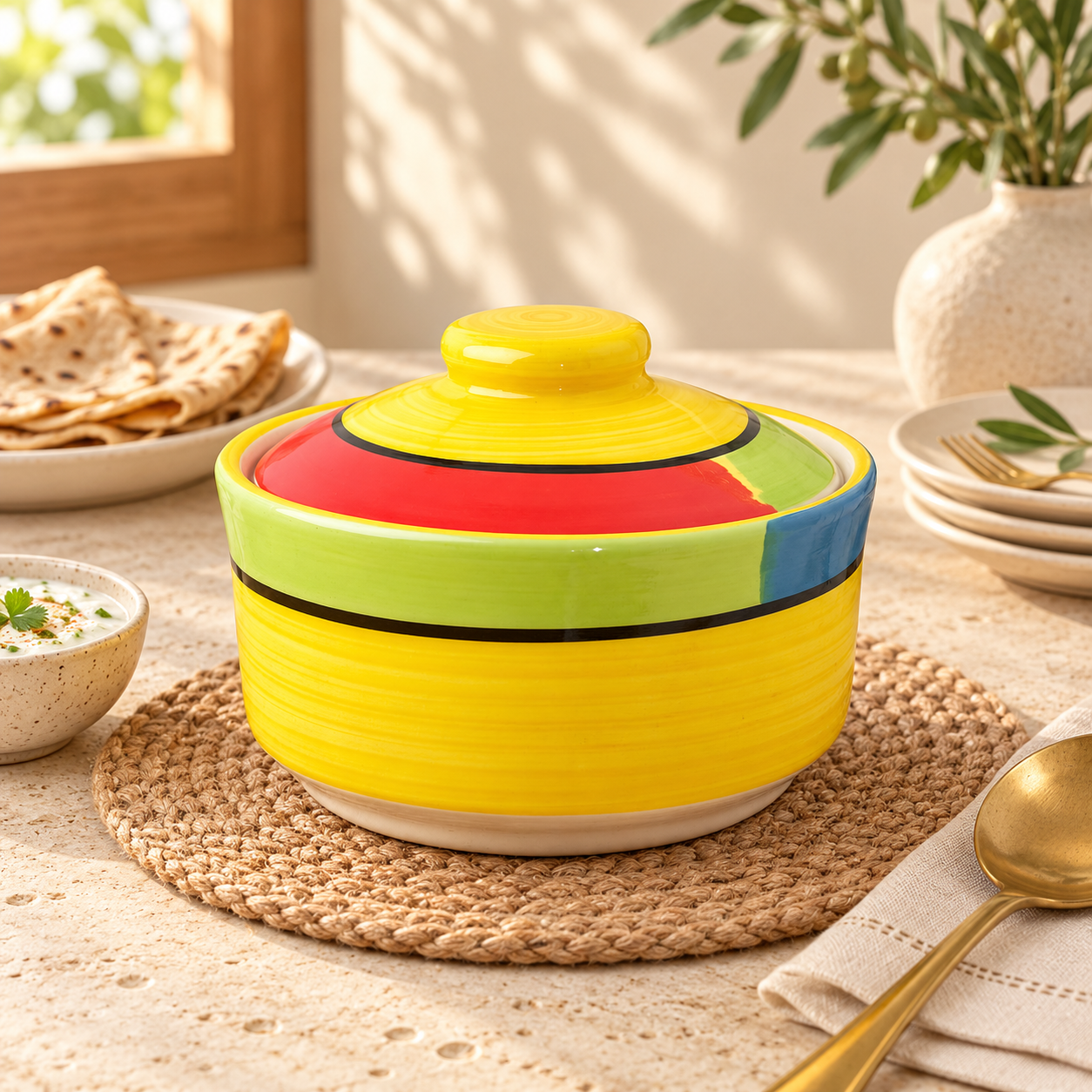 Kunhar Multipurpose Ceramic Donga – Yellow Red | 450 ML Lidded Serving Donga | Microwave & Dishwasher Safe | Ideal for Gravy, Dal, Curry & More