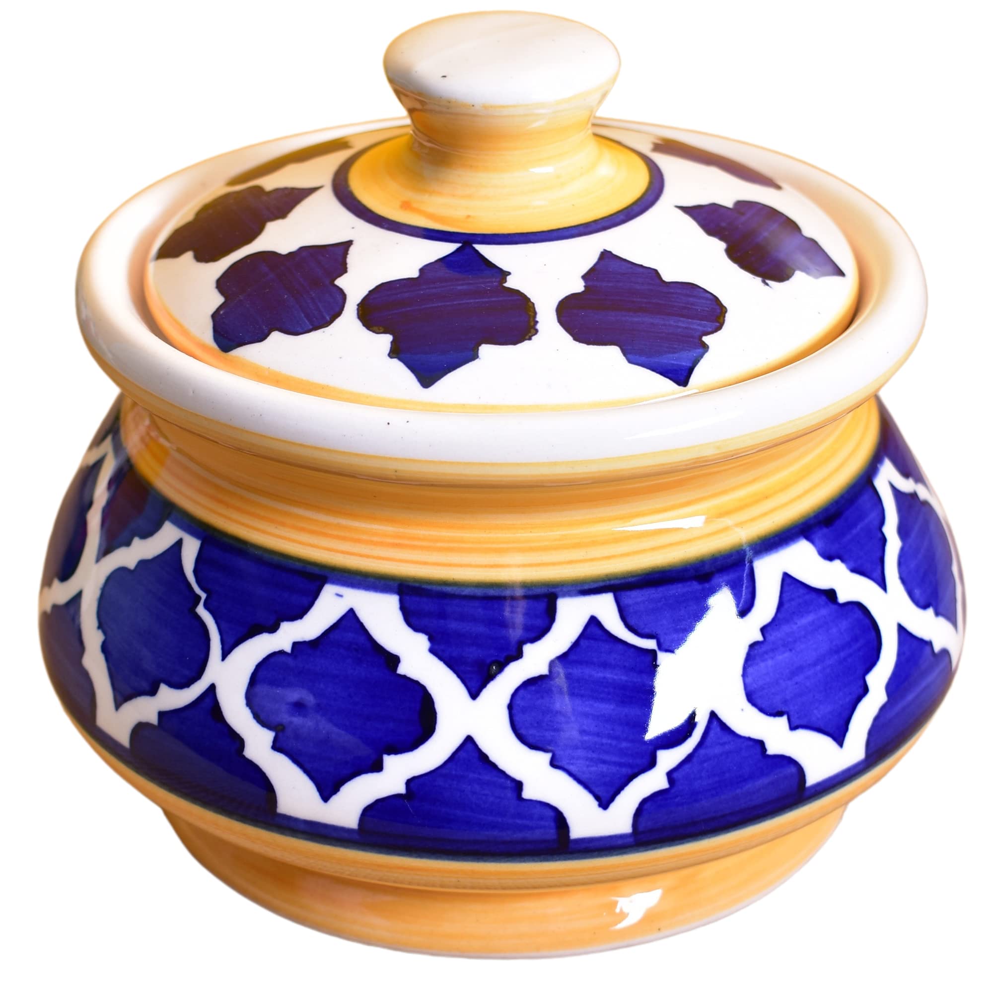 KunhaR Ceramic Handi 2 Liter, 1 Piece, Blue Yellow Chidi, (Size 1 No)