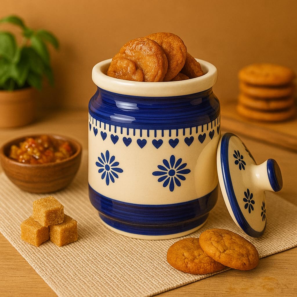 Kunhar Ceramic Jars (1000 ML) – Handcrafted Multipurpose Barni with Lid for Pickle, Chutney, Spices, Salt, Sugar – Kitchen Storage Containers, Blue Cream - Image 2