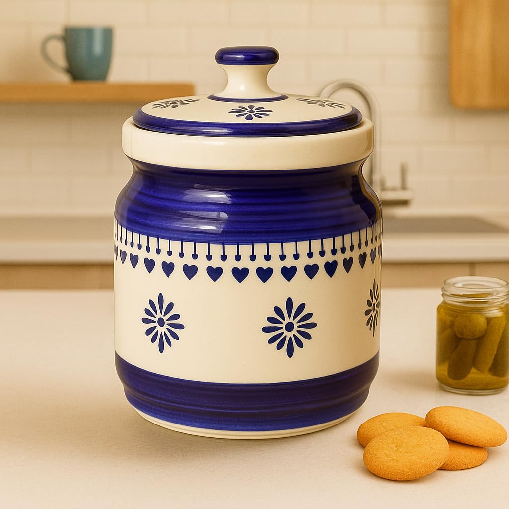 Kunhar Ceramic Jars (1000 ML) – Handcrafted Multipurpose Barni with Lid for Pickle, Chutney, Spices, Salt, Sugar – Kitchen Storage Containers, Blue Cream - Image 4