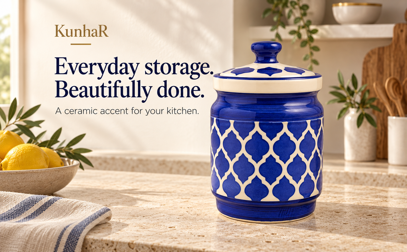 Kunhar Ceramic Jars (1000 ML) – Handcrafted Multipurpose Barni with Lid for Pickle, Chutney, Spices, Salt, Sugar – Kitchen Storage Containers, Blue — hero