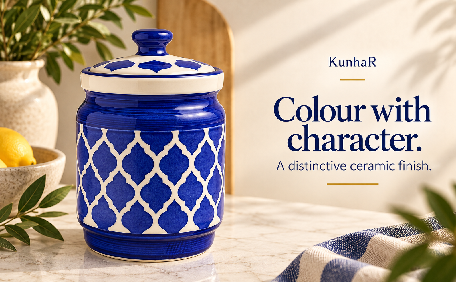 Kunhar Ceramic Jars (1000 ML) – Handcrafted Multipurpose Barni with Lid for Pickle, Chutney, Spices, Salt, Sugar – Kitchen Storage Containers, Blue — finish