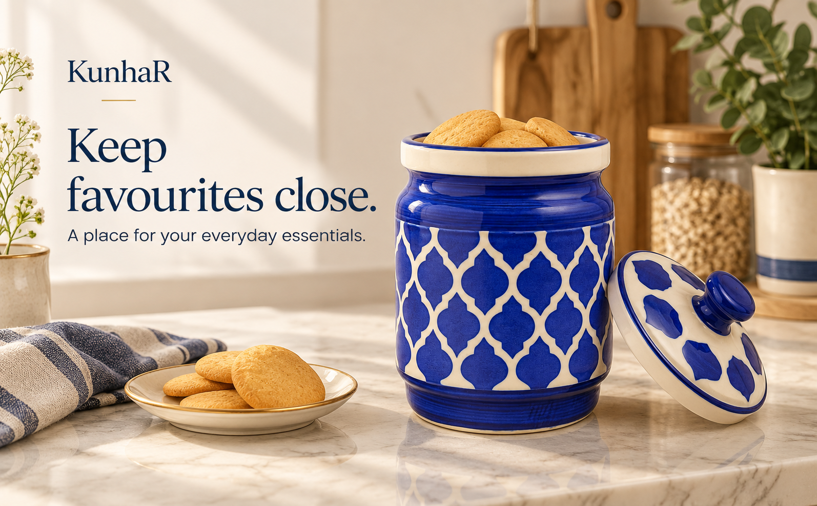 Kunhar Ceramic Jars (1000 ML) – Handcrafted Multipurpose Barni with Lid for Pickle, Chutney, Spices, Salt, Sugar – Kitchen Storage Containers, Blue — store