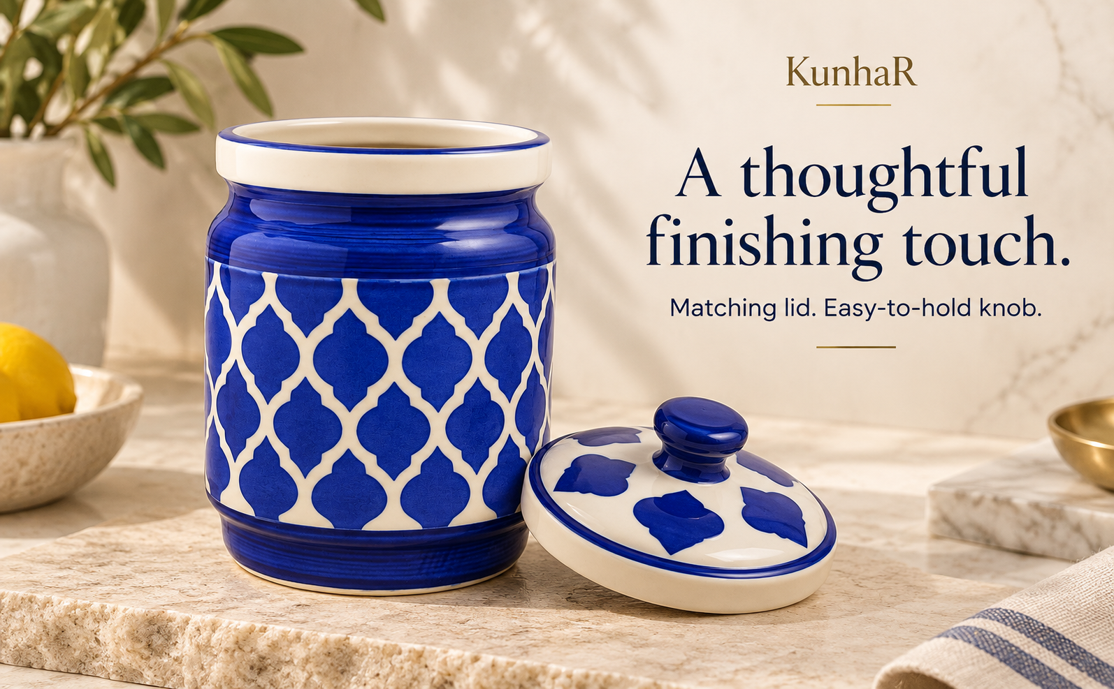 Kunhar Ceramic Jars (1000 ML) – Handcrafted Multipurpose Barni with Lid for Pickle, Chutney, Spices, Salt, Sugar – Kitchen Storage Containers, Blue — form