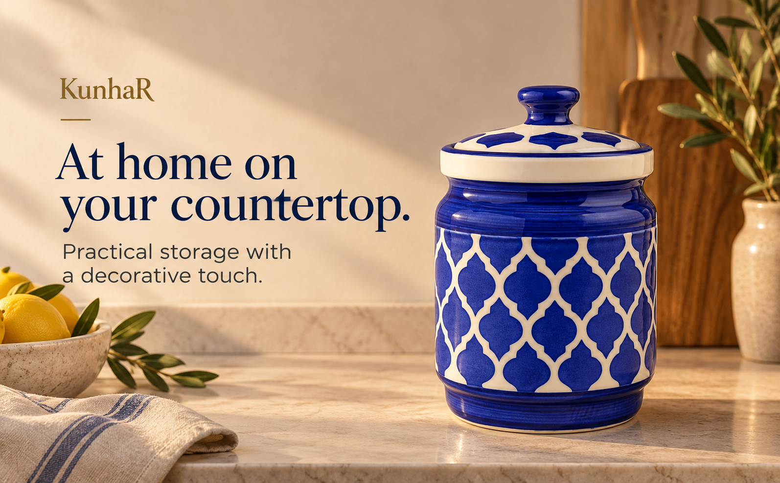 Kunhar Ceramic Jars (1000 ML) – Handcrafted Multipurpose Barni with Lid for Pickle, Chutney, Spices, Salt, Sugar – Kitchen Storage Containers, Blue — home