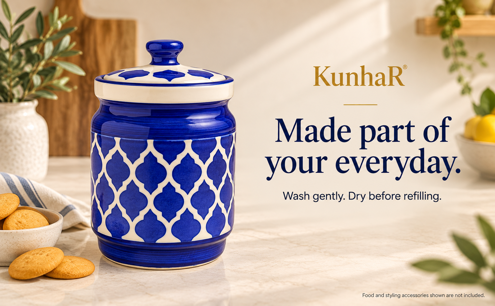 Kunhar Ceramic Jars (1000 ML) – Handcrafted Multipurpose Barni with Lid for Pickle, Chutney, Spices, Salt, Sugar – Kitchen Storage Containers, Blue — care