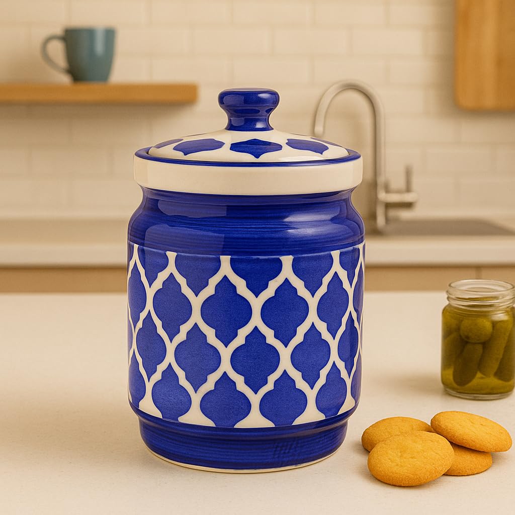 Kunhar Ceramic Jars (1000 ML) – Handcrafted Multipurpose Barni with Lid for Pickle, Chutney, Spices, Salt, Sugar – Kitchen Storage Containers, Blue