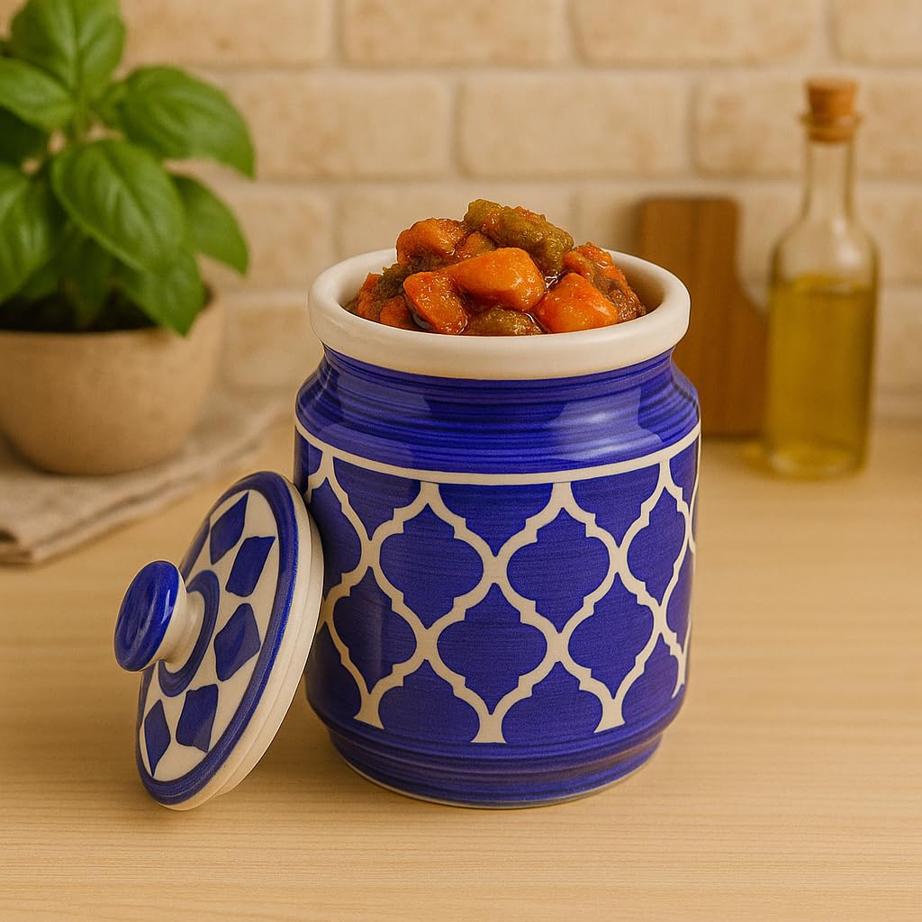 Kunhar Ceramic Jars (1000 ML) – Handcrafted Multipurpose Barni with Lid for Pickle, Chutney, Spices, Salt, Sugar – Kitchen Storage Containers, Blue - Image 2