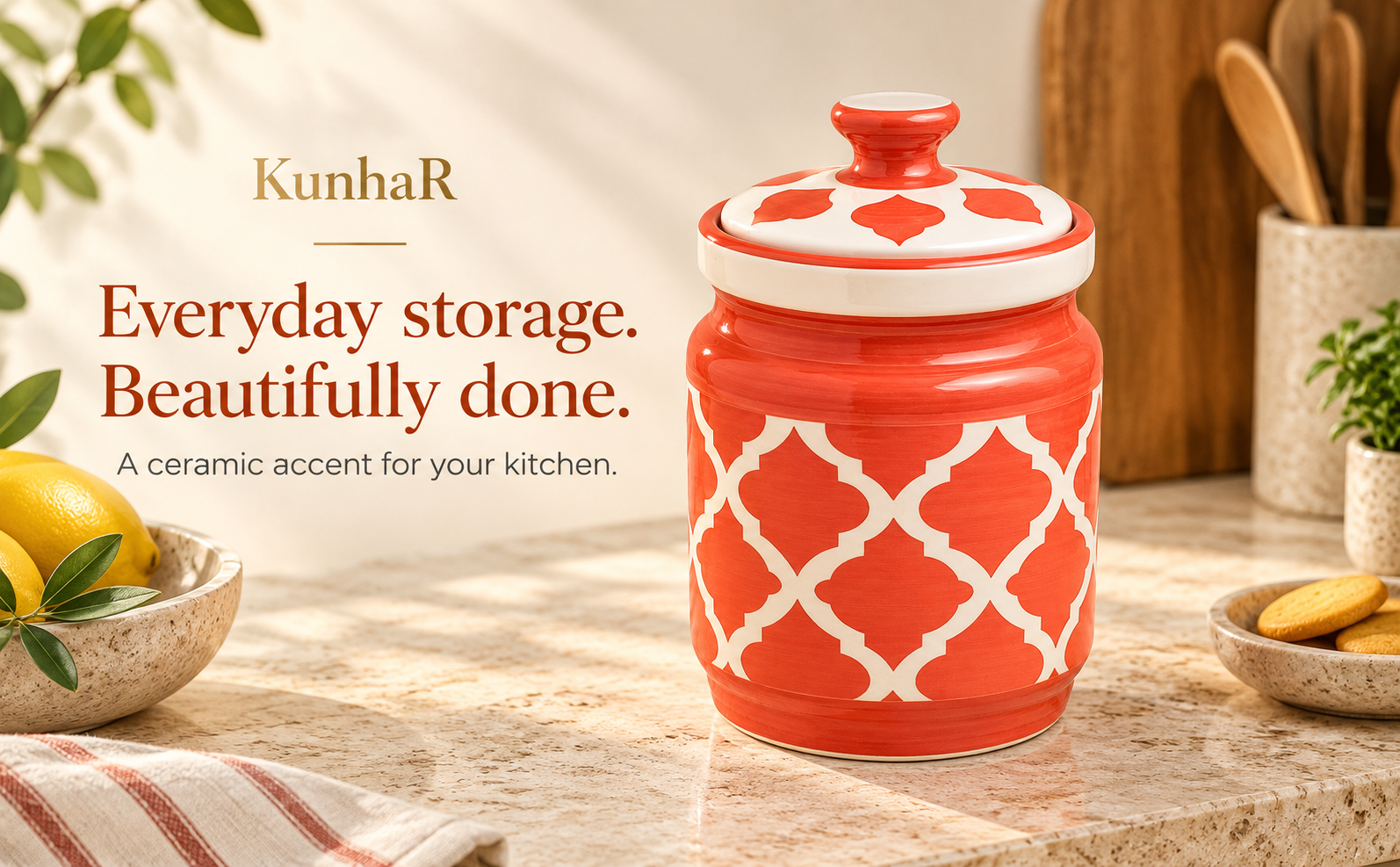 Kunhar Ceramic Jars (1000 ML) – Handcrafted Multipurpose Barni with Lid for Pickle, Chutney, Spices, Salt, Sugar – Kitchen Storage Containers, Red White — hero