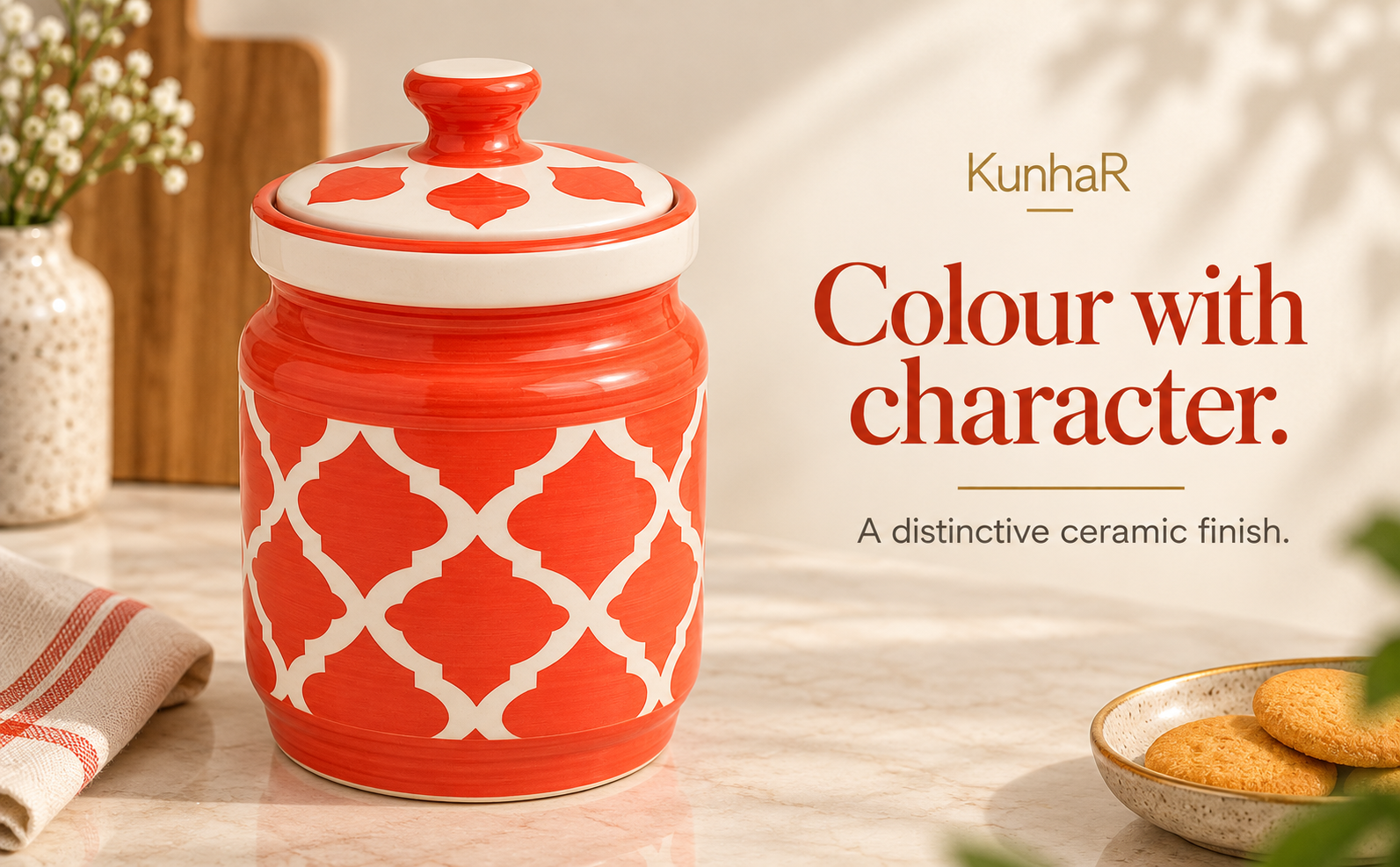 Kunhar Ceramic Jars (1000 ML) – Handcrafted Multipurpose Barni with Lid for Pickle, Chutney, Spices, Salt, Sugar – Kitchen Storage Containers, Red White — finish