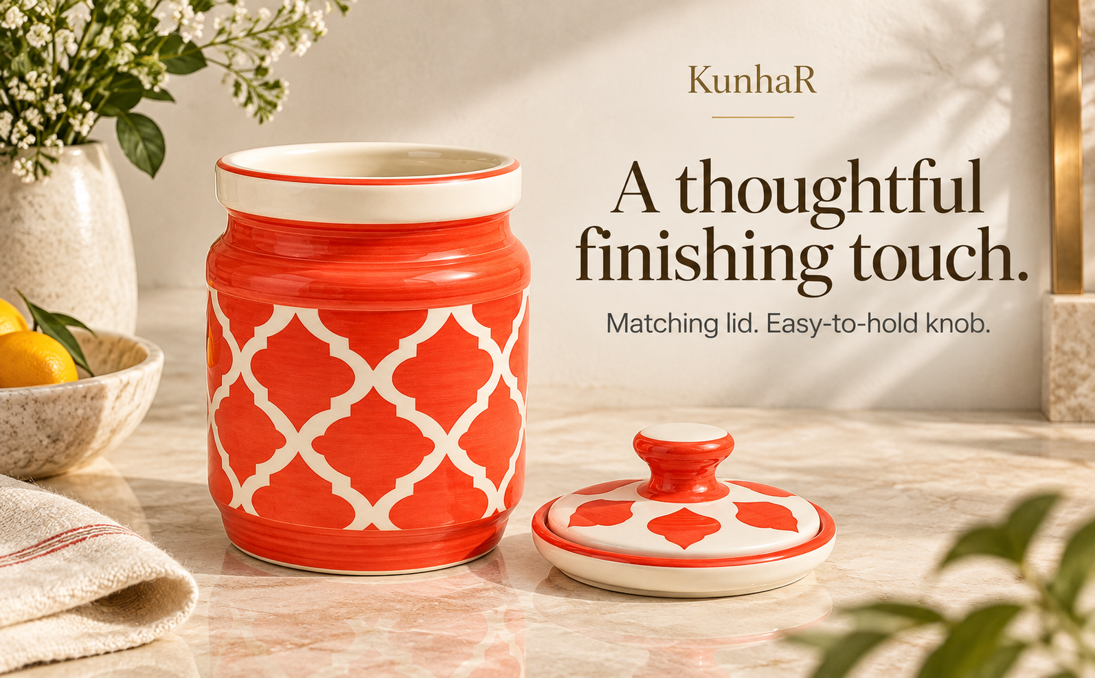 Kunhar Ceramic Jars (1000 ML) – Handcrafted Multipurpose Barni with Lid for Pickle, Chutney, Spices, Salt, Sugar – Kitchen Storage Containers, Red White — form
