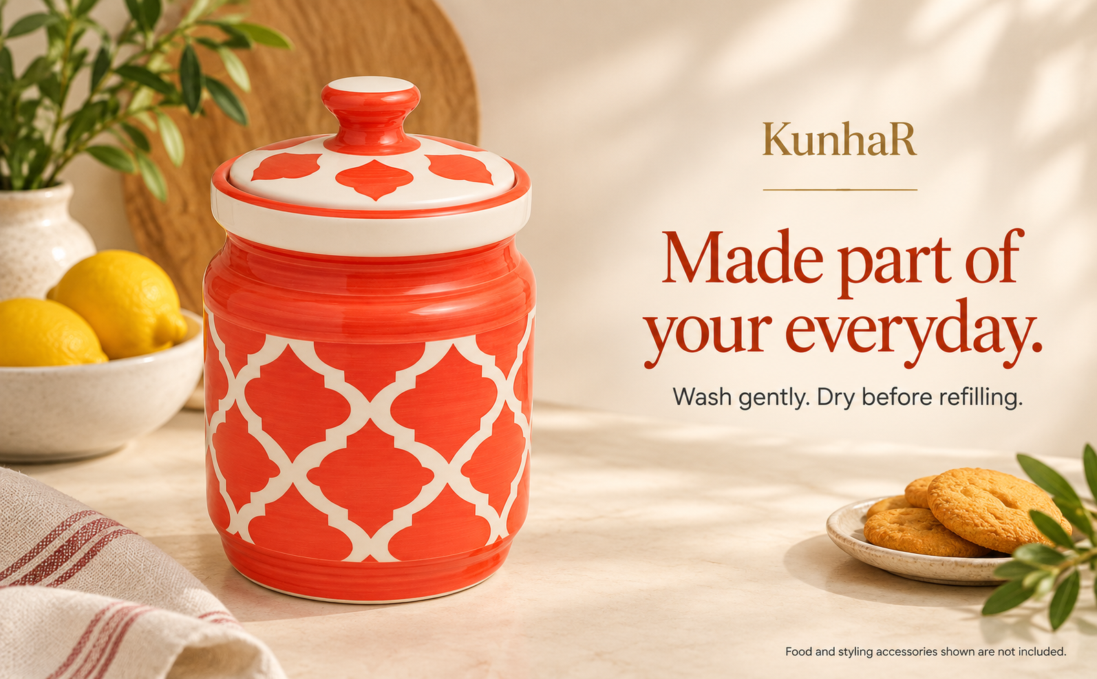 Kunhar Ceramic Jars (1000 ML) – Handcrafted Multipurpose Barni with Lid for Pickle, Chutney, Spices, Salt, Sugar – Kitchen Storage Containers, Red White — care