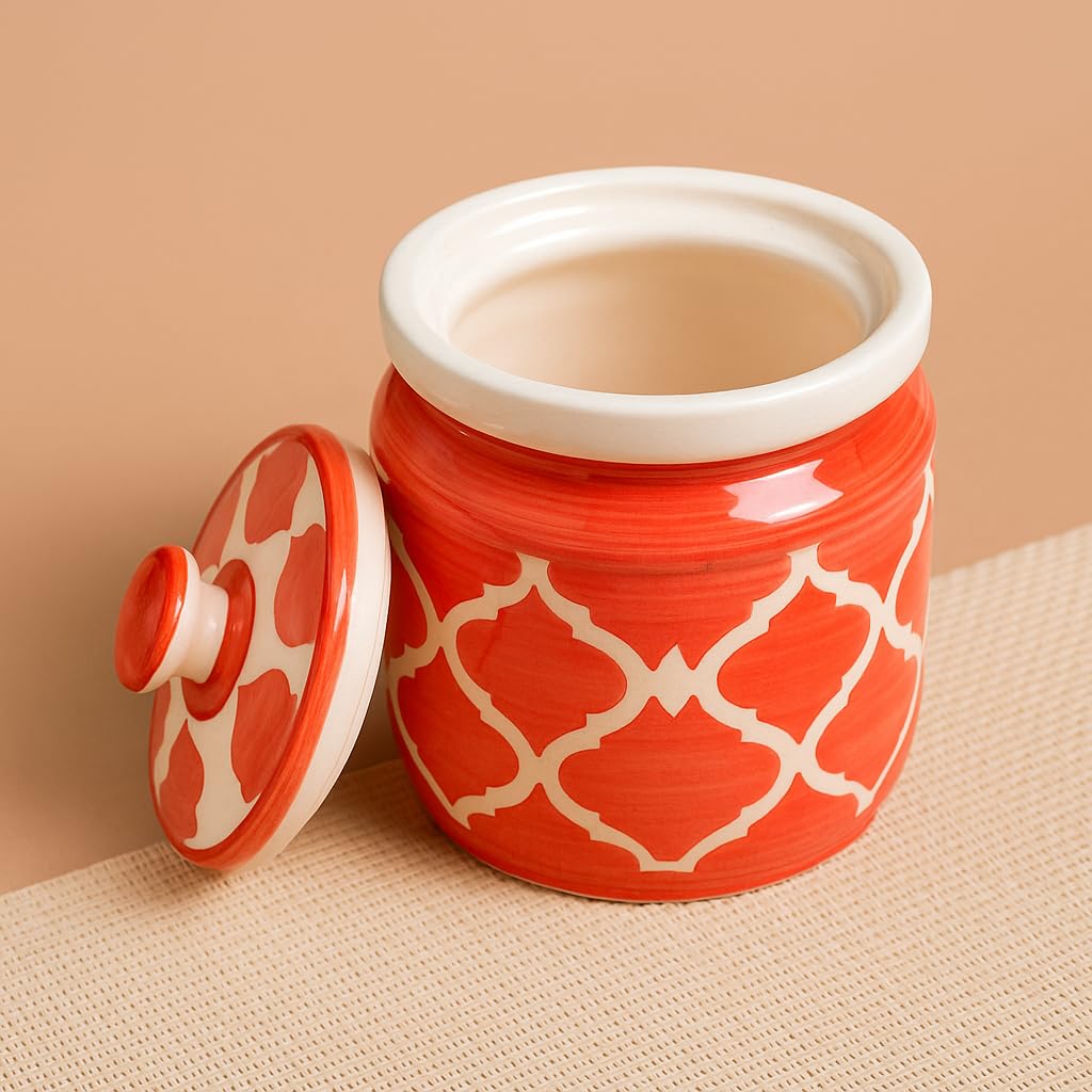 Kunhar Ceramic Jars (1000 ML) – Handcrafted Multipurpose Barni with Lid for Pickle, Chutney, Spices, Salt, Sugar – Kitchen Storage Containers, Red White - Image 2
