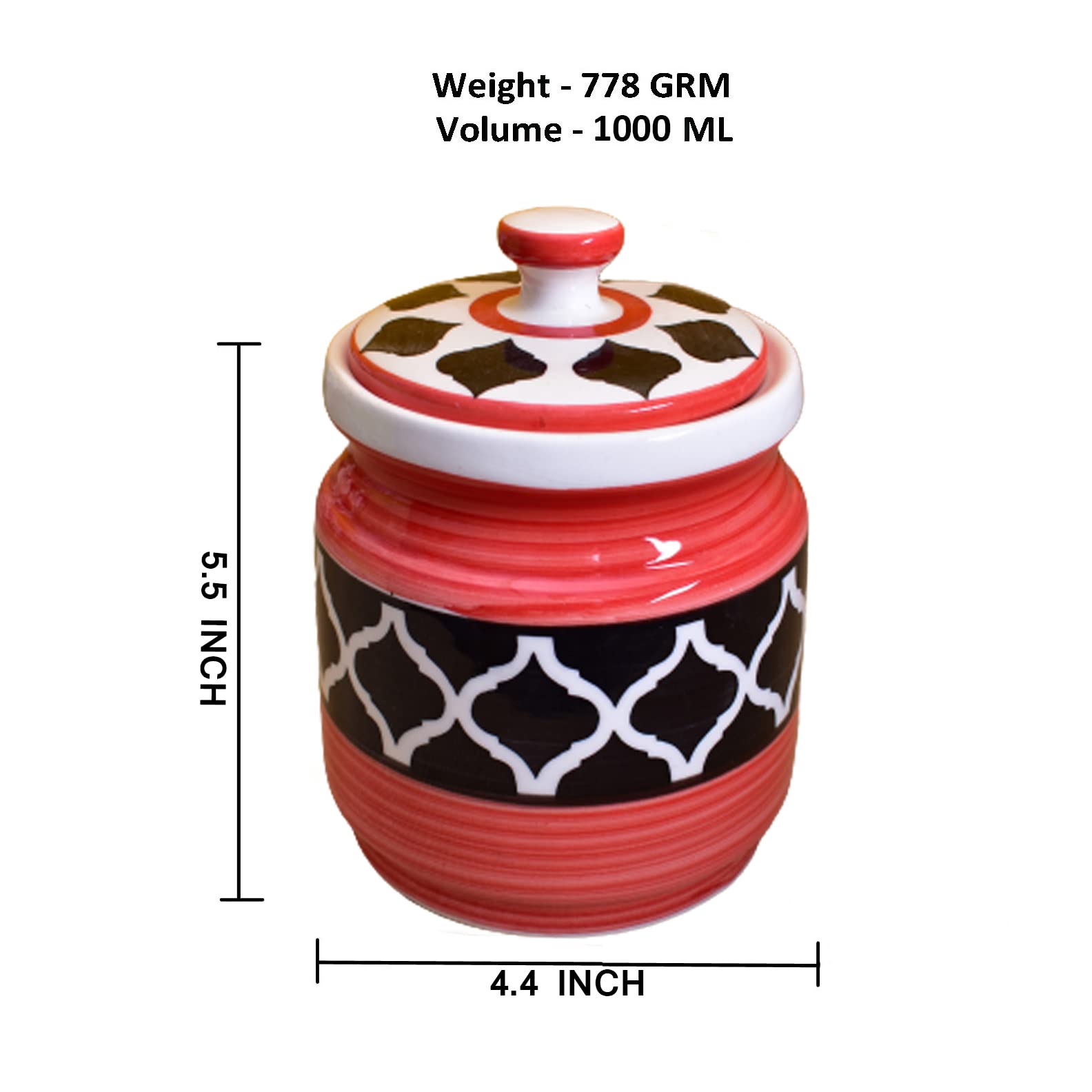 Kunhar Ceramic Jars (1000 ML) – Handcrafted Multipurpose Barni with Lid for Pickle, Chutney, Spices, Salt, Sugar – Kitchen Storage Containers, Red Black - Image 2
