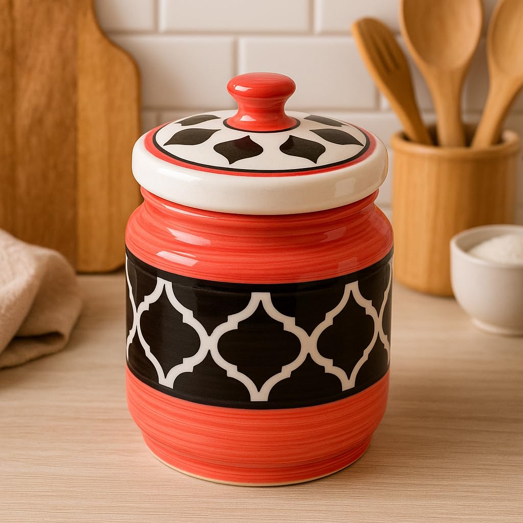 Kunhar Ceramic Jars (1000 ML) – Handcrafted Multipurpose Barni with Lid for Pickle, Chutney, Spices, Salt, Sugar – Kitchen Storage Containers, Red Black - Image 4