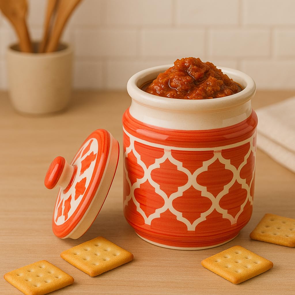 Kunhar Ceramic Barni Red & White 1000ml Set of 2 with Lid | Handcrafted Pickle Jar | Storage Jar for Spices, Chutney, Achar, Salt, Sugar - Image 3