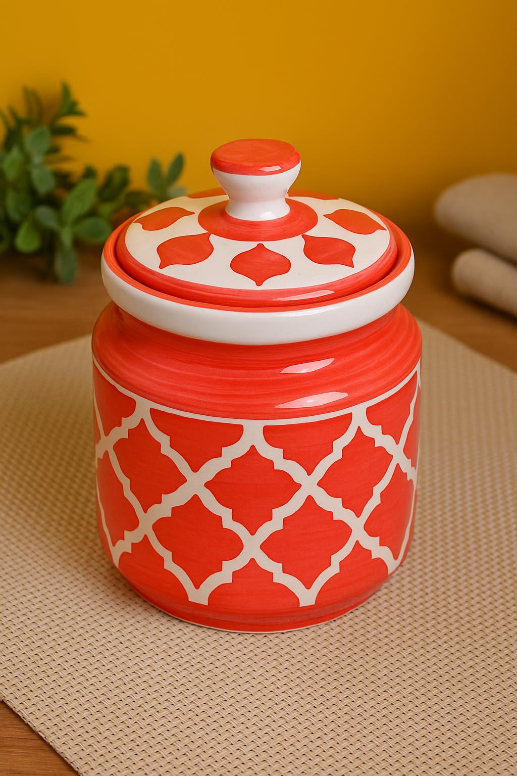 Kunhar Ceramic Barni Red & White 1000ml Set of 2 with Lid | Handcrafted Pickle Jar | Storage Jar for Spices, Chutney, Achar, Salt, Sugar - Image 4