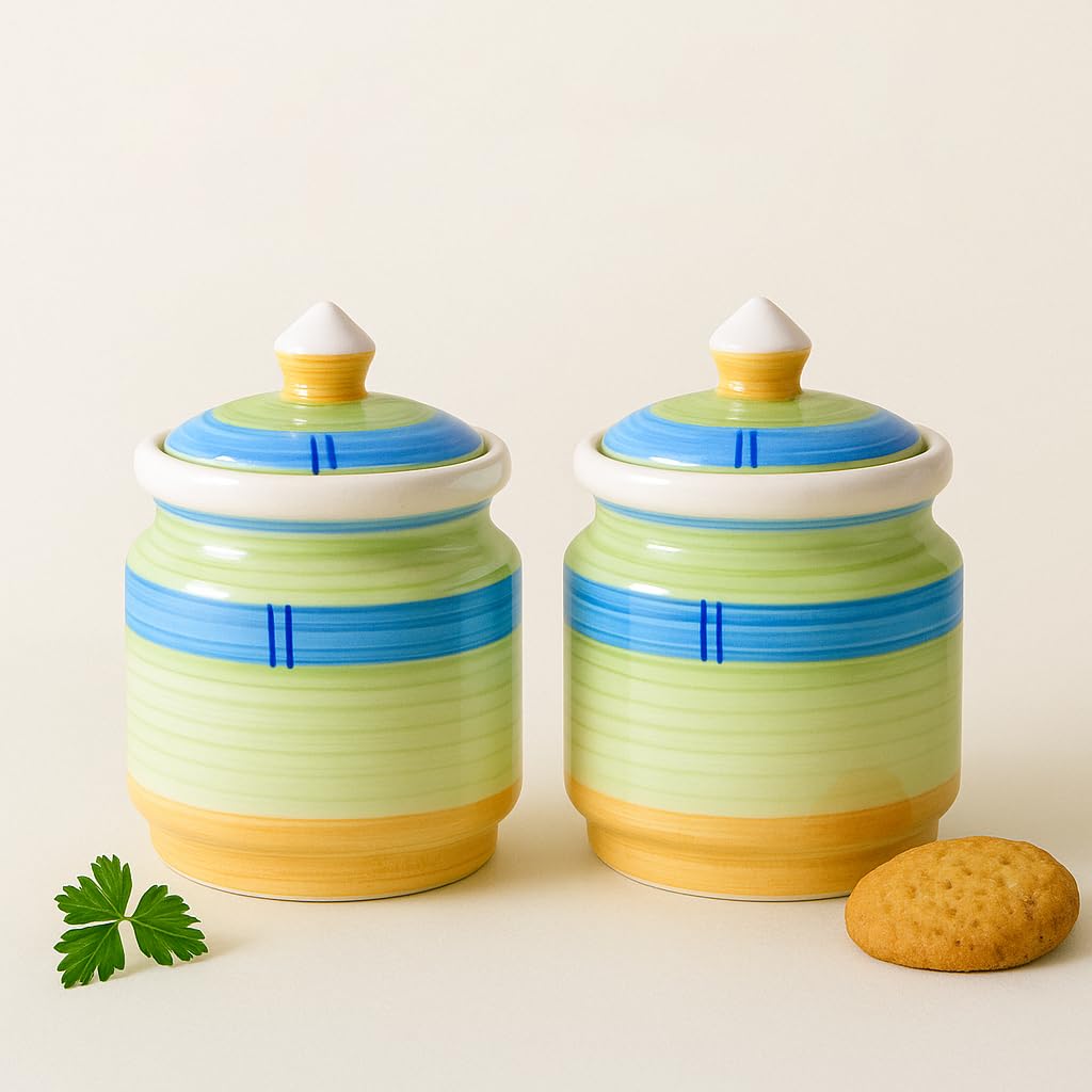 Kunhar Ceramic Jars Set of 2 (600ML Each) – Handcrafted Multipurpose Barni with Lid for Pickle, Chutney, Spices, Salt, Sugar – Kitchen Storage Containers, Green Yellow — product view 1