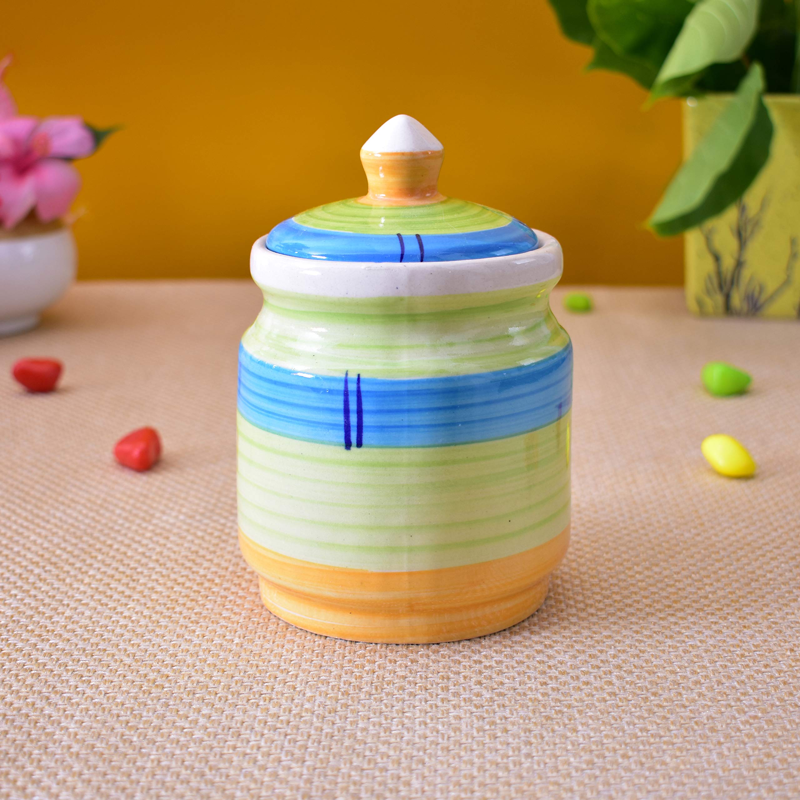 Kunhar Ceramic Jars Set of 2 (600ML Each) – Handcrafted Multipurpose Barni with Lid for Pickle, Chutney, Spices, Salt, Sugar – Kitchen Storage Containers, Green Yellow — product view 3