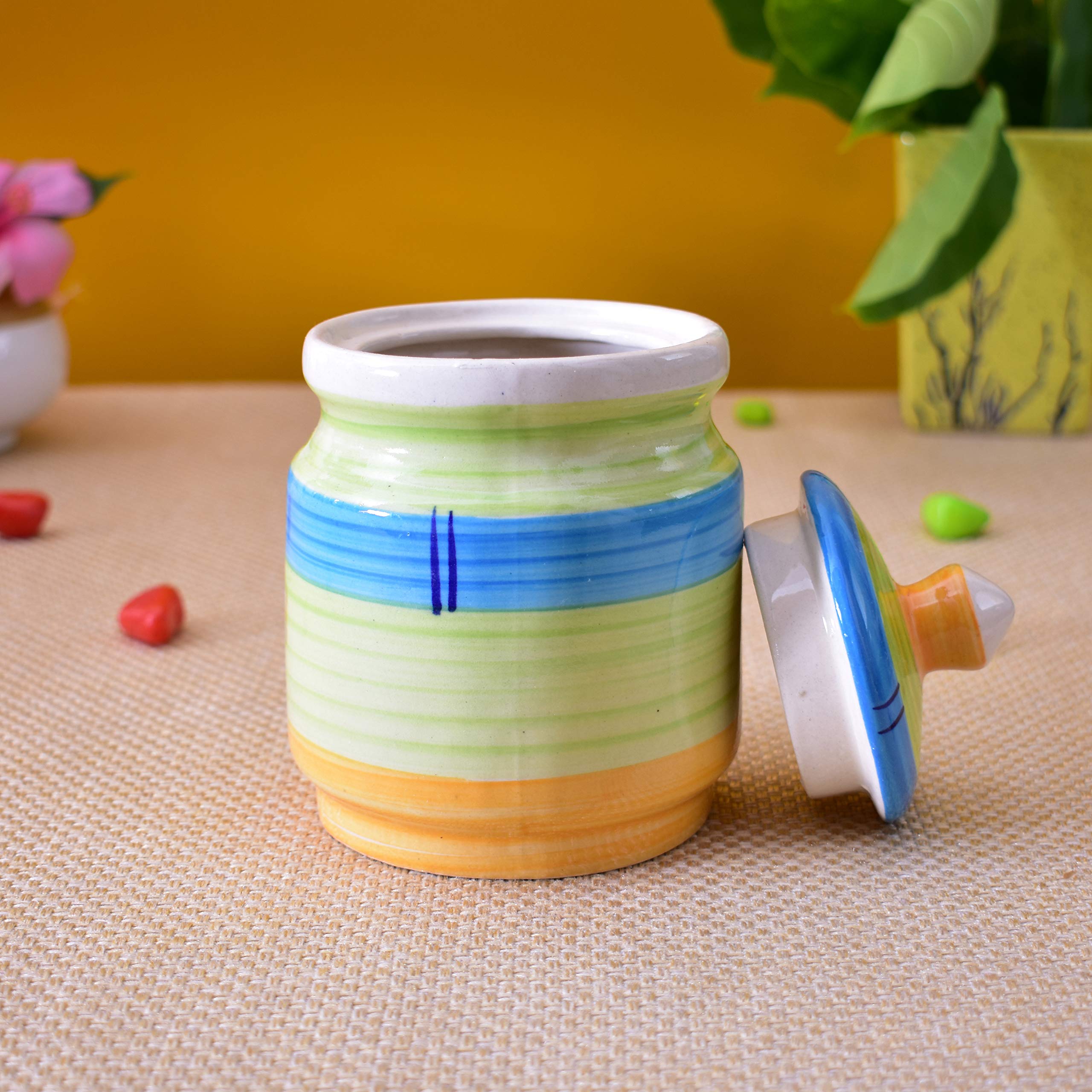 Kunhar Ceramic Jars Set of 2 (600ML Each) – Handcrafted Multipurpose Barni with Lid for Pickle, Chutney, Spices, Salt, Sugar – Kitchen Storage Containers, Green Yellow — product view 4