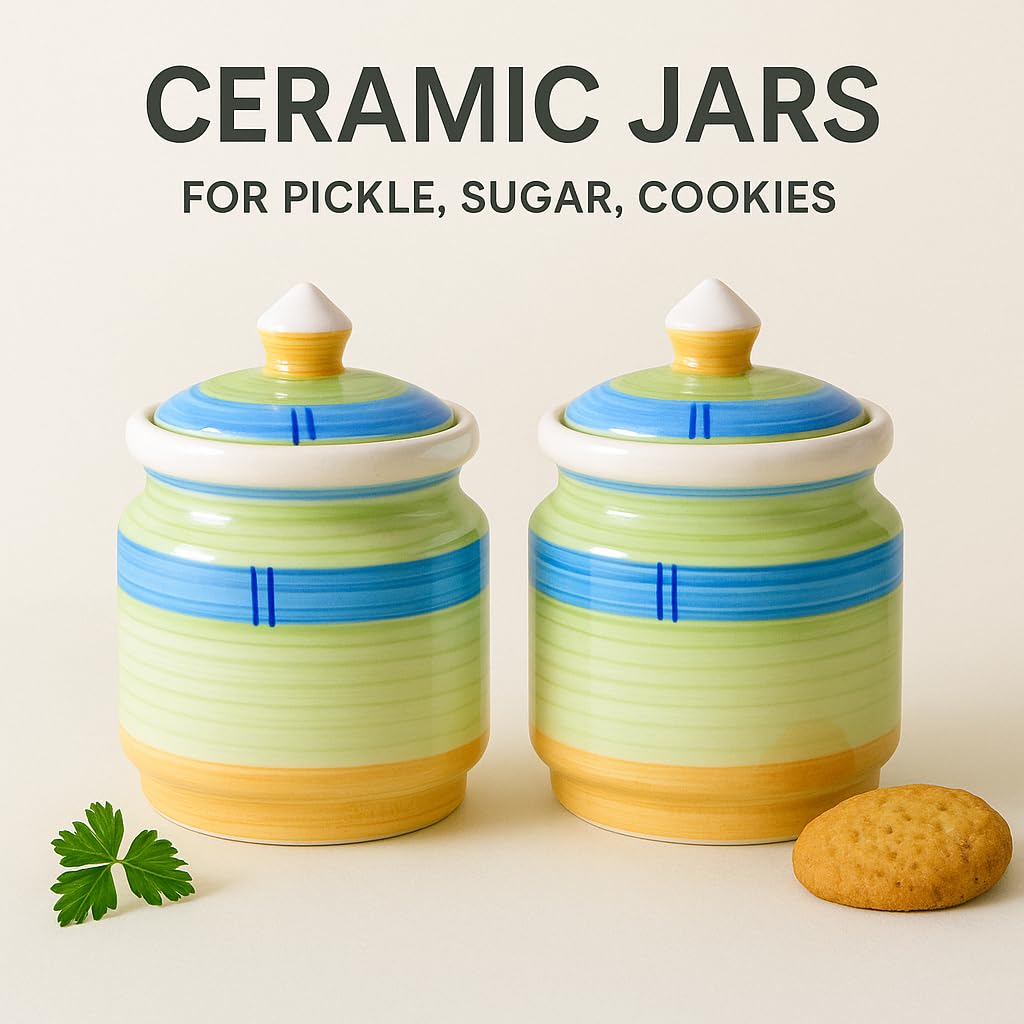 Kunhar Ceramic Jars Set of 2 (600ML Each) – Handcrafted Multipurpose Barni with Lid for Pickle, Chutney, Spices, Salt, Sugar – Kitchen Storage Containers, Green Yellow — product view 5