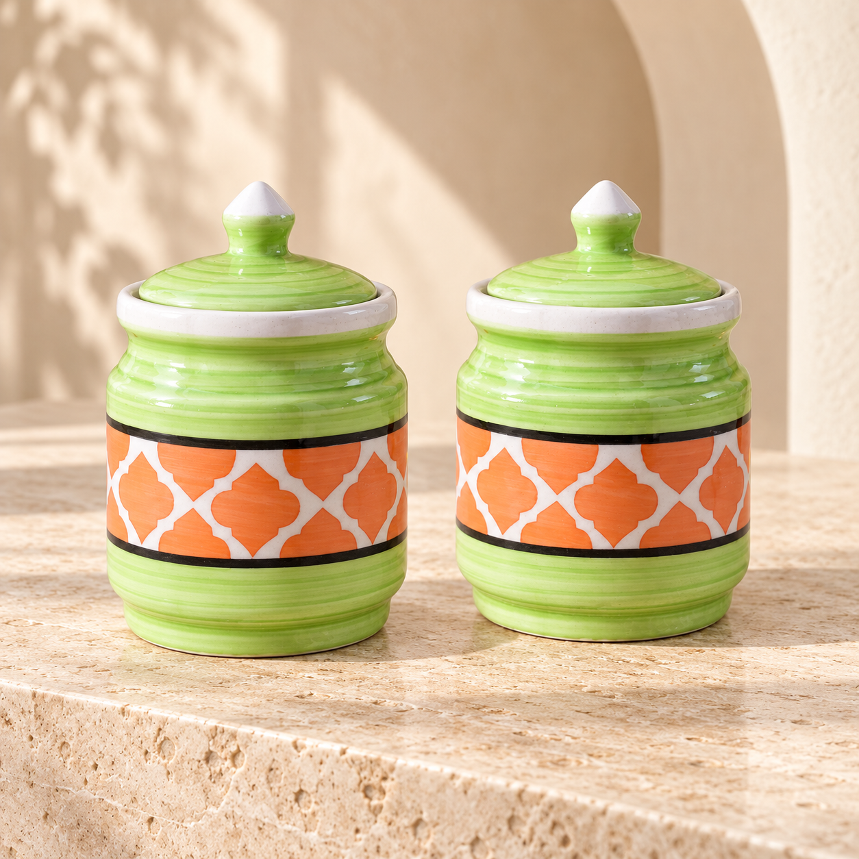 Kunhar Ceramic Jars Set of 2 (600ML Each) – Handcrafted Multipurpose Barni with Lid for Pickle, Chutney, Spices, Salt, Sugar – Kitchen Storage Containers, Green Orange