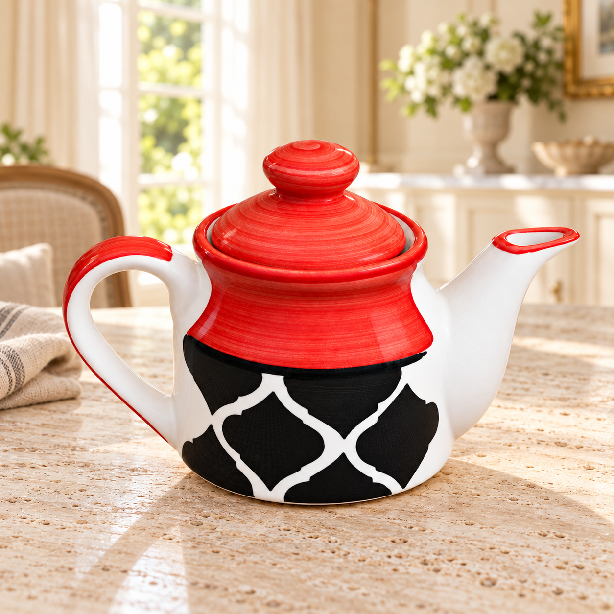 KunhaR Ceramic Teapot with Lid, 650 ml, Red Black | Tea & Coffee Serving Pot for Kitchen, Dining & Gifting, 1 Piece