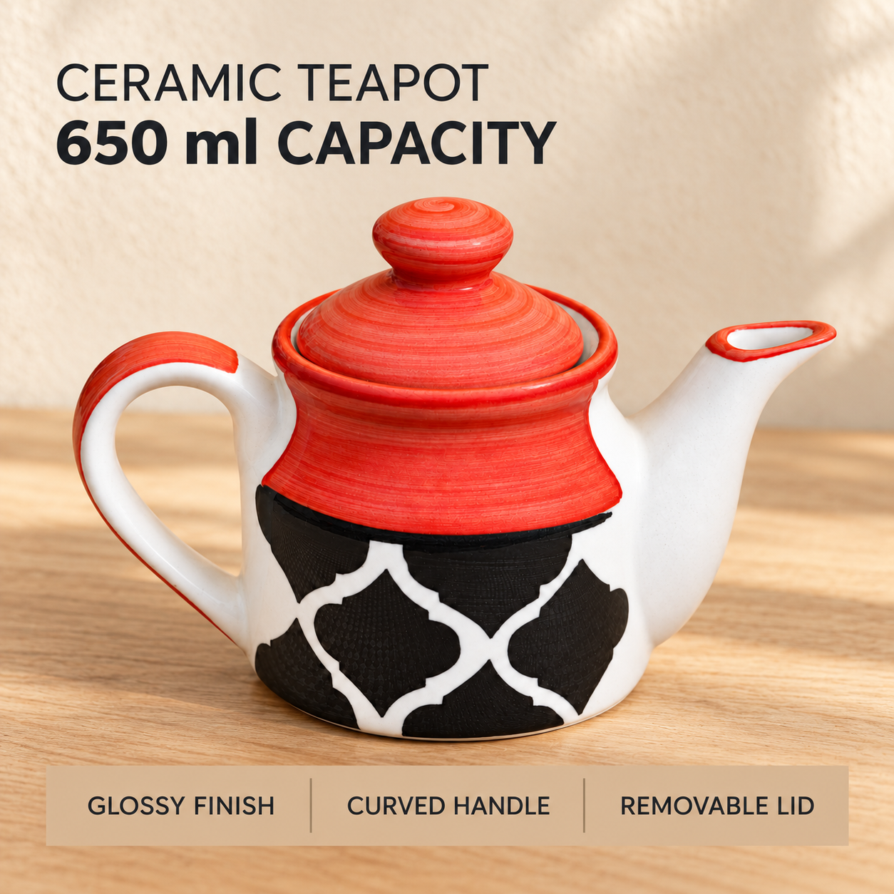 KunhaR Ceramic Teapot with Lid, 650 ml, Red Black | Tea & Coffee Serving Pot for Kitchen, Dining & Gifting, 1 Piece - Image 7