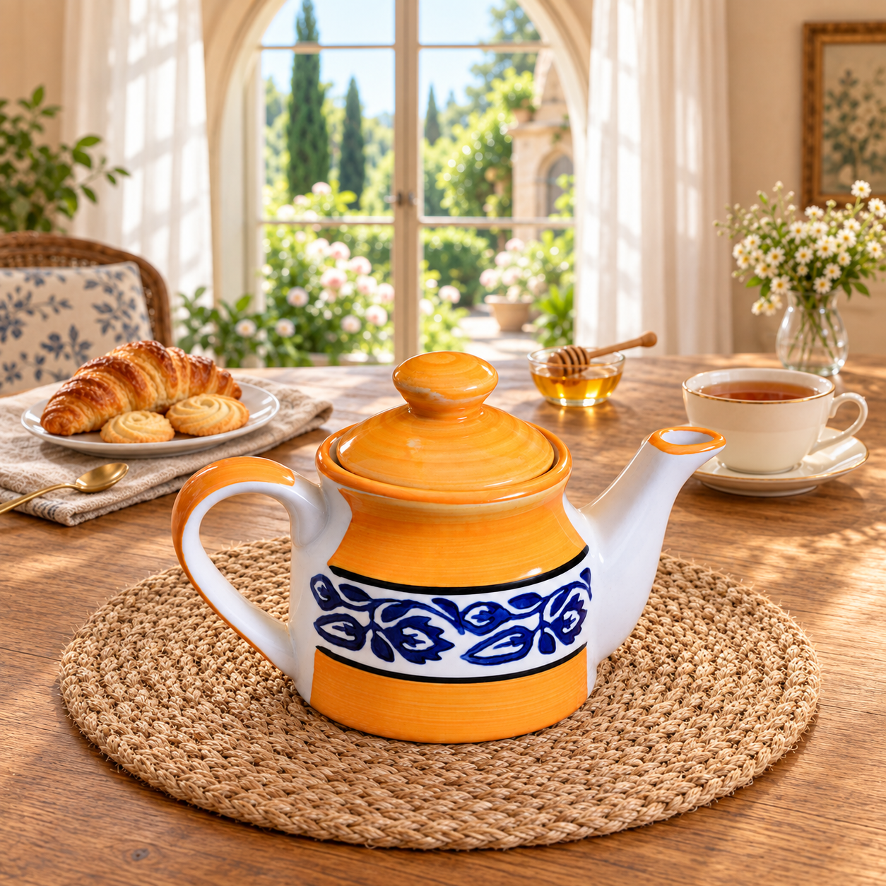 KunhaR Ceramic Teapot with Lid, 300 ml, Yellow Blue Floral | Tea & Coffee Serving Pot for Kitchen & Dining, 1 Piece