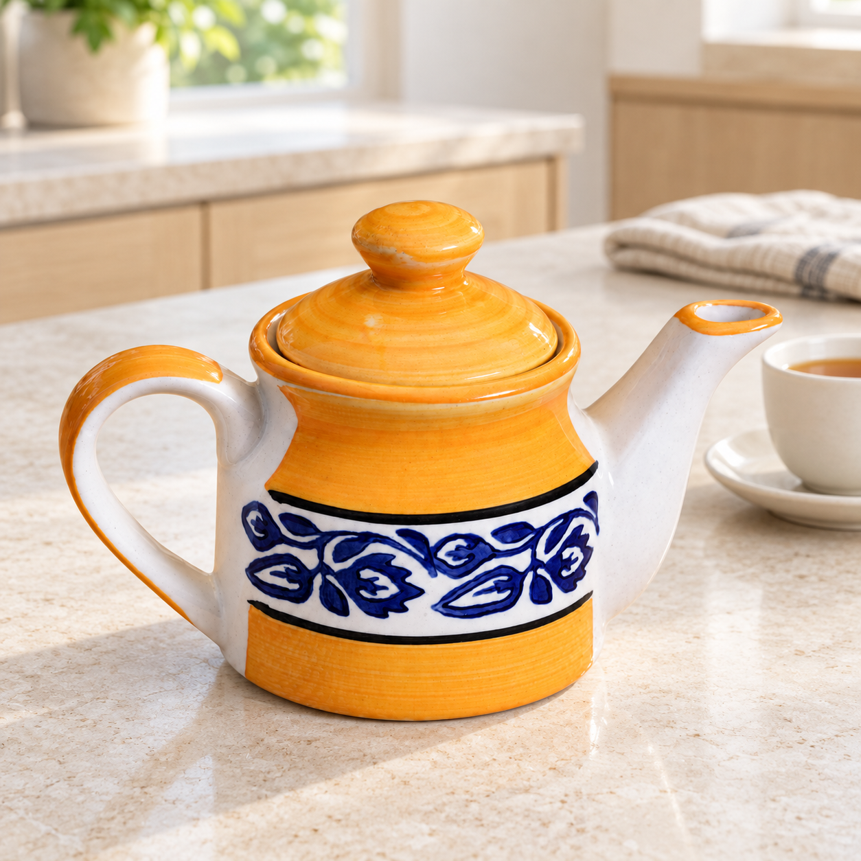 KunhaR Ceramic Teapot with Lid, 300 ml, Yellow Blue Floral | Tea & Coffee Serving Pot for Kitchen & Dining, 1 Piece - Image 2