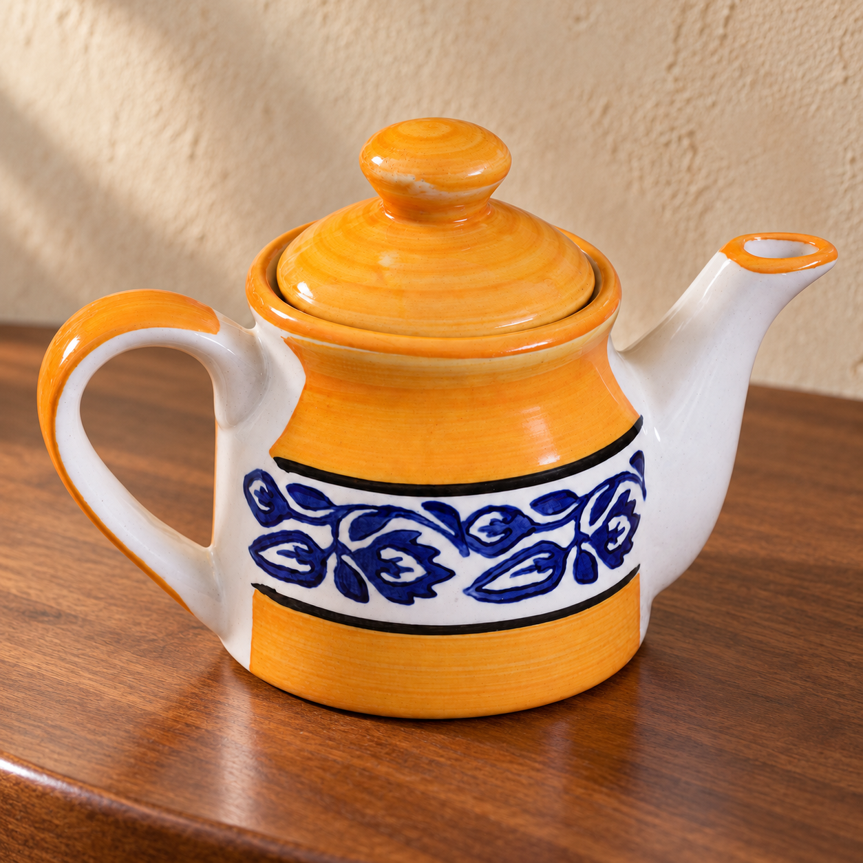 KunhaR Ceramic Teapot with Lid, 300 ml, Yellow Blue Floral | Tea & Coffee Serving Pot for Kitchen & Dining, 1 Piece - Image 3