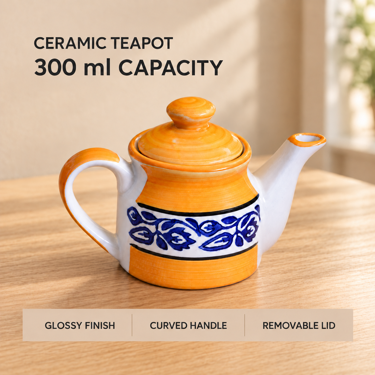 KunhaR Ceramic Teapot with Lid, 300 ml, Yellow Blue Floral | Tea & Coffee Serving Pot for Kitchen & Dining, 1 Piece - Image 7