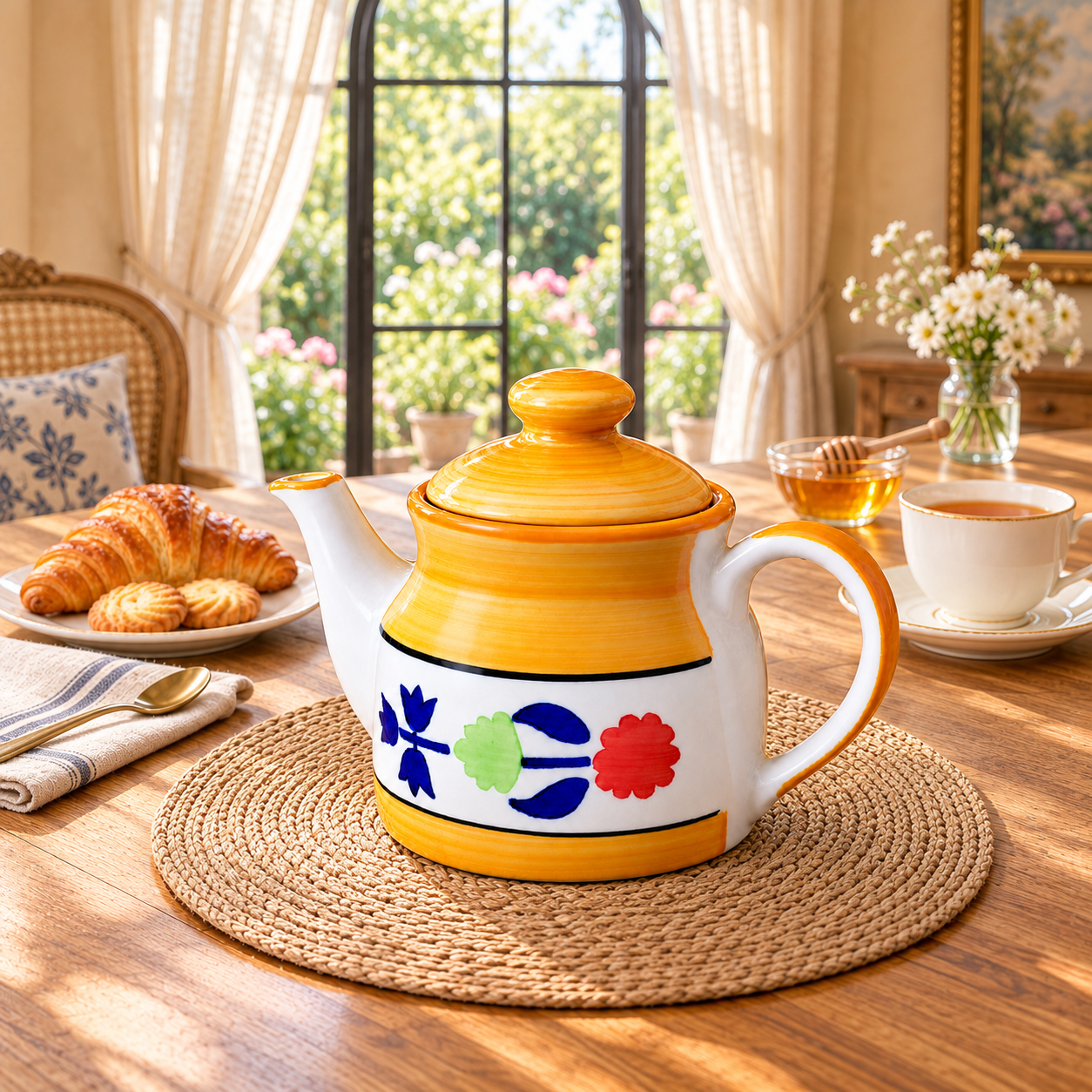 KunhaR Ceramic Teapot with Lid, 650 ml, Yellow Floral | Tea & Coffee Serving Pot for Kitchen & Dining, 1 Piece