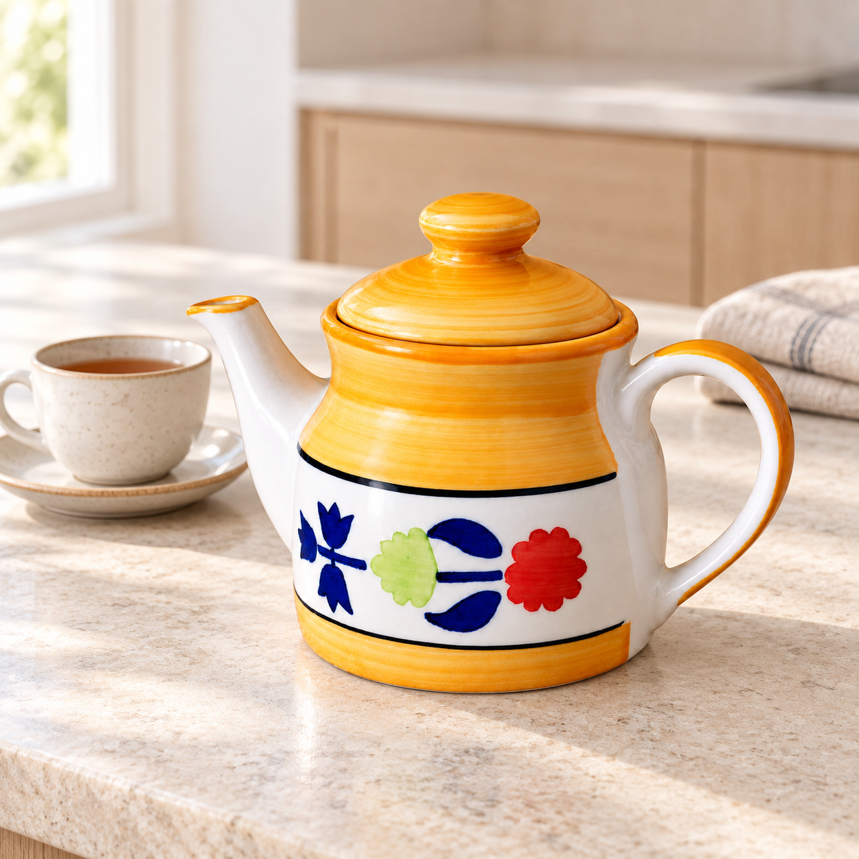 KunhaR Ceramic Teapot with Lid, 650 ml, Yellow Floral | Tea & Coffee Serving Pot for Kitchen & Dining, 1 Piece - Image 3